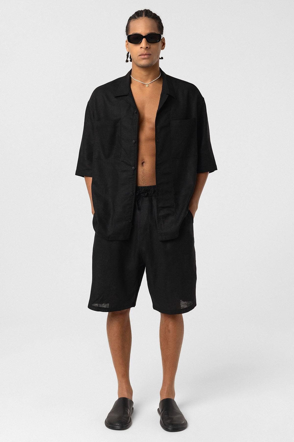 VAMOSCLO Oversize Keten Şort Siyah