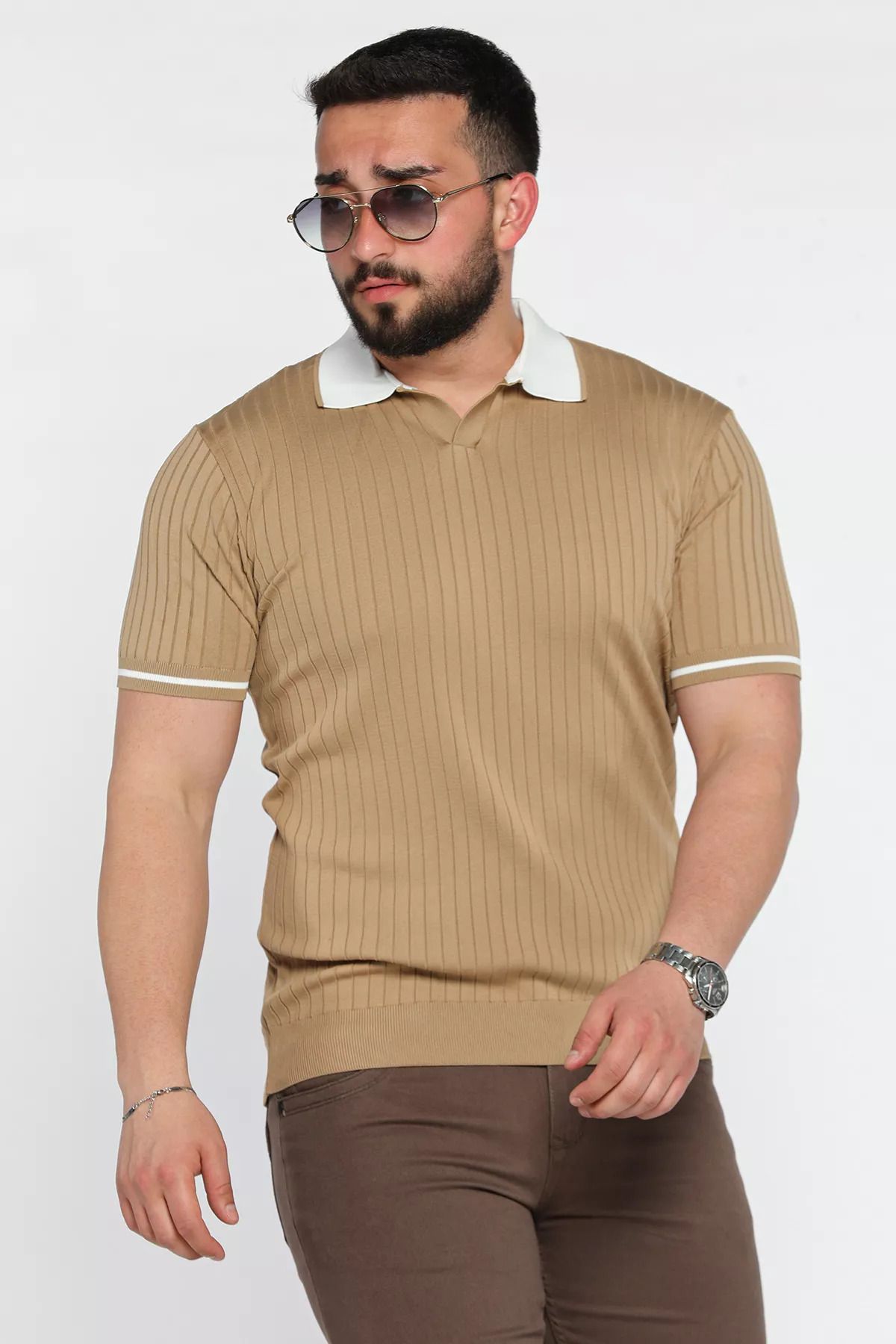 MİSHAR İTALİA Camel Erkek Polo Yaka Kendinden Çizgi Desenli Triko Tişört