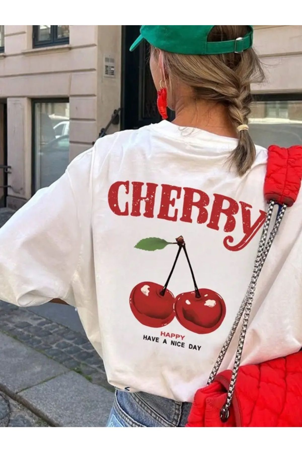 Touz Moda Cherry Ön Arka Baskılı Unisex Oversize T-shirt