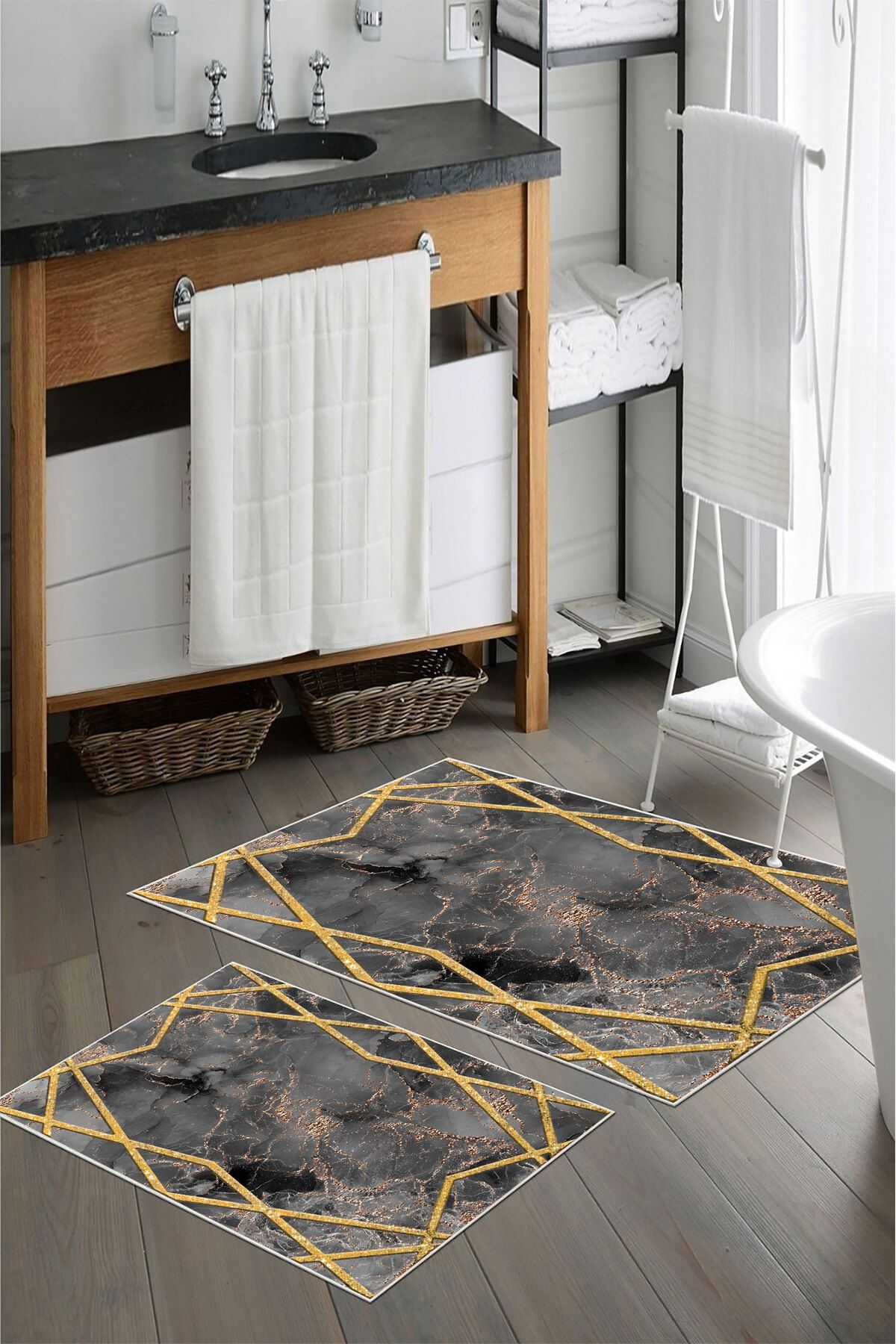 nova century Kaymaz Taban Yıkanabilir 2’li Banyo Paspası - Nova Bath Desenli 60*100 Cm - 50*60 Cm