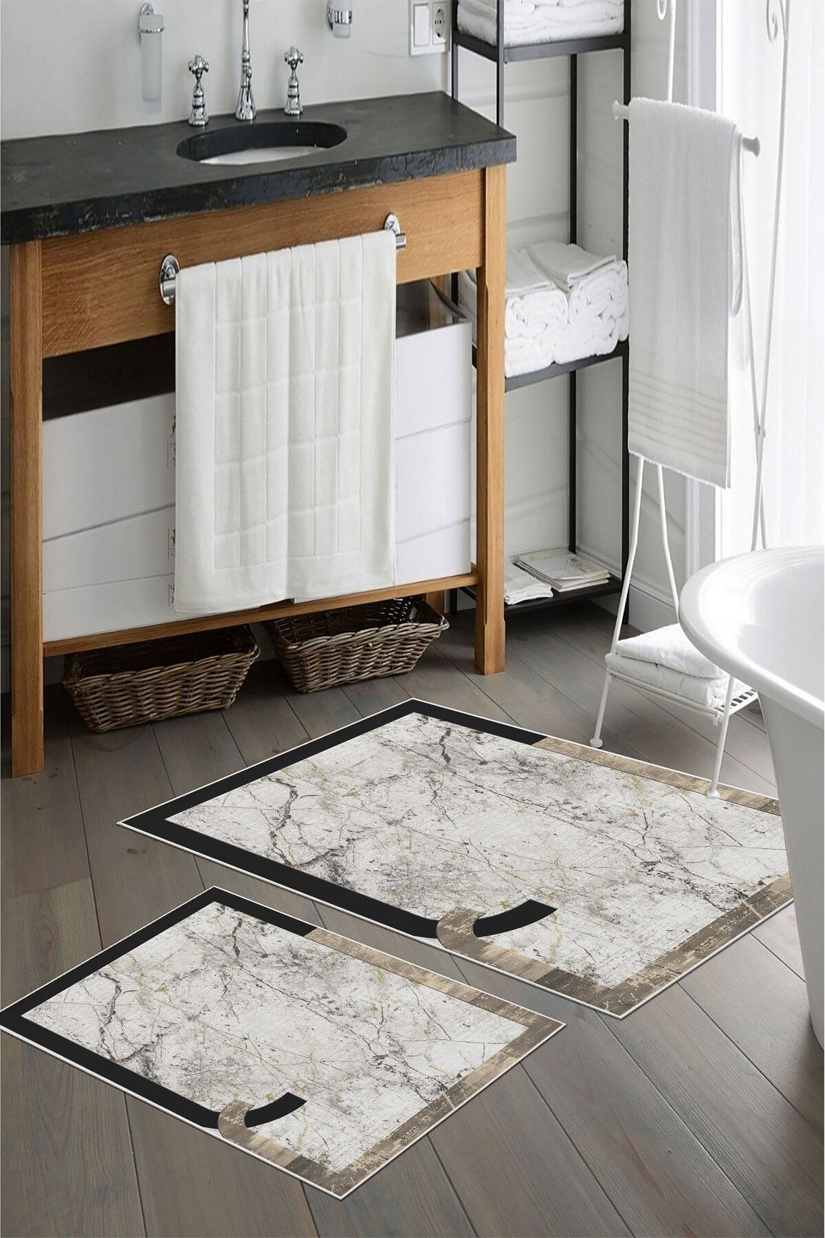 nova century Kaymaz Taban Yıkanabilir 2’li Banyo Paspası - Nova Bath Desenli 60*100 Cm - 50*60 Cm