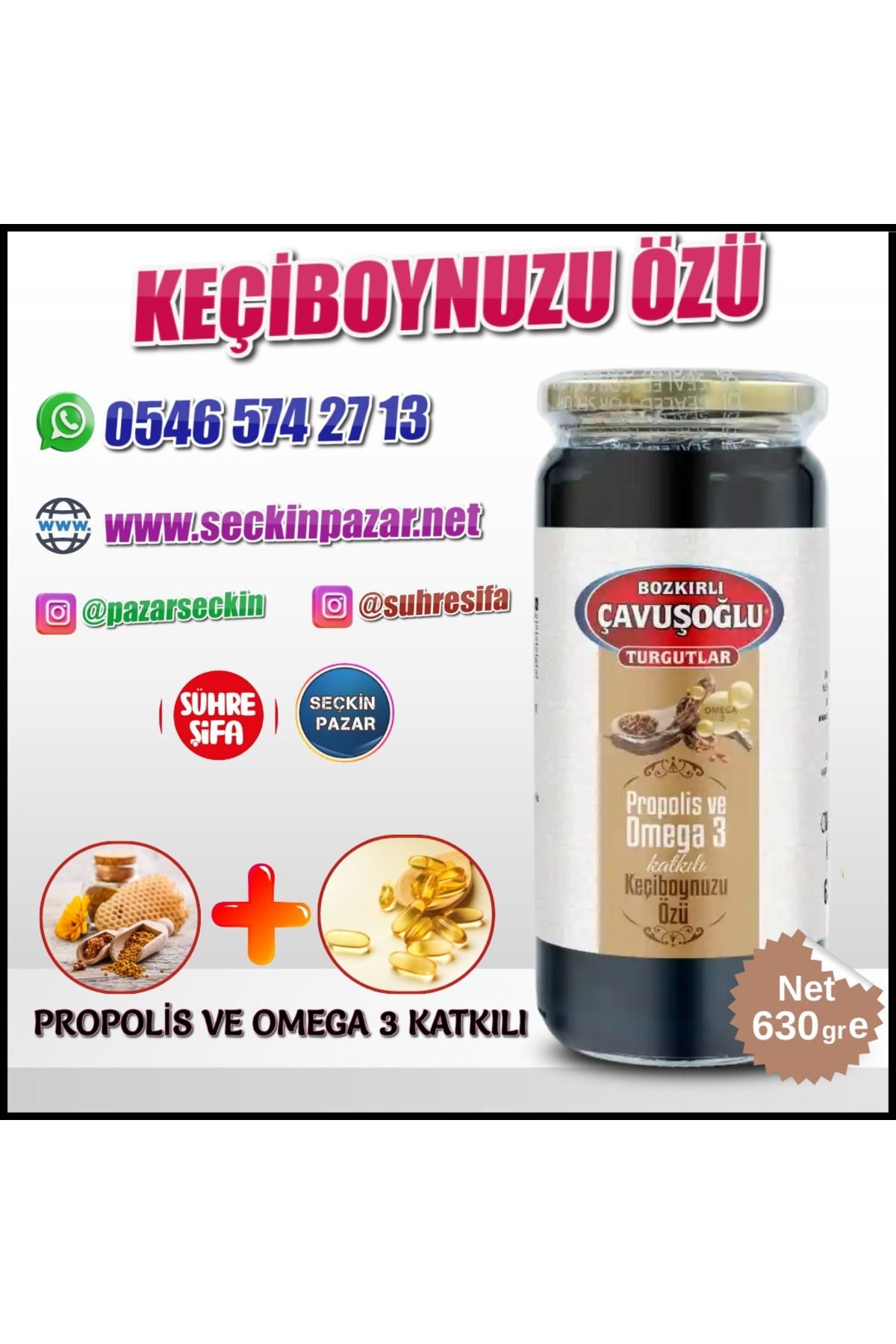 Bozkırlı Çavuşoğlu Keçiboynuzu Özü Harnup 630gr Propolis ve Omega 3 Takviyeli