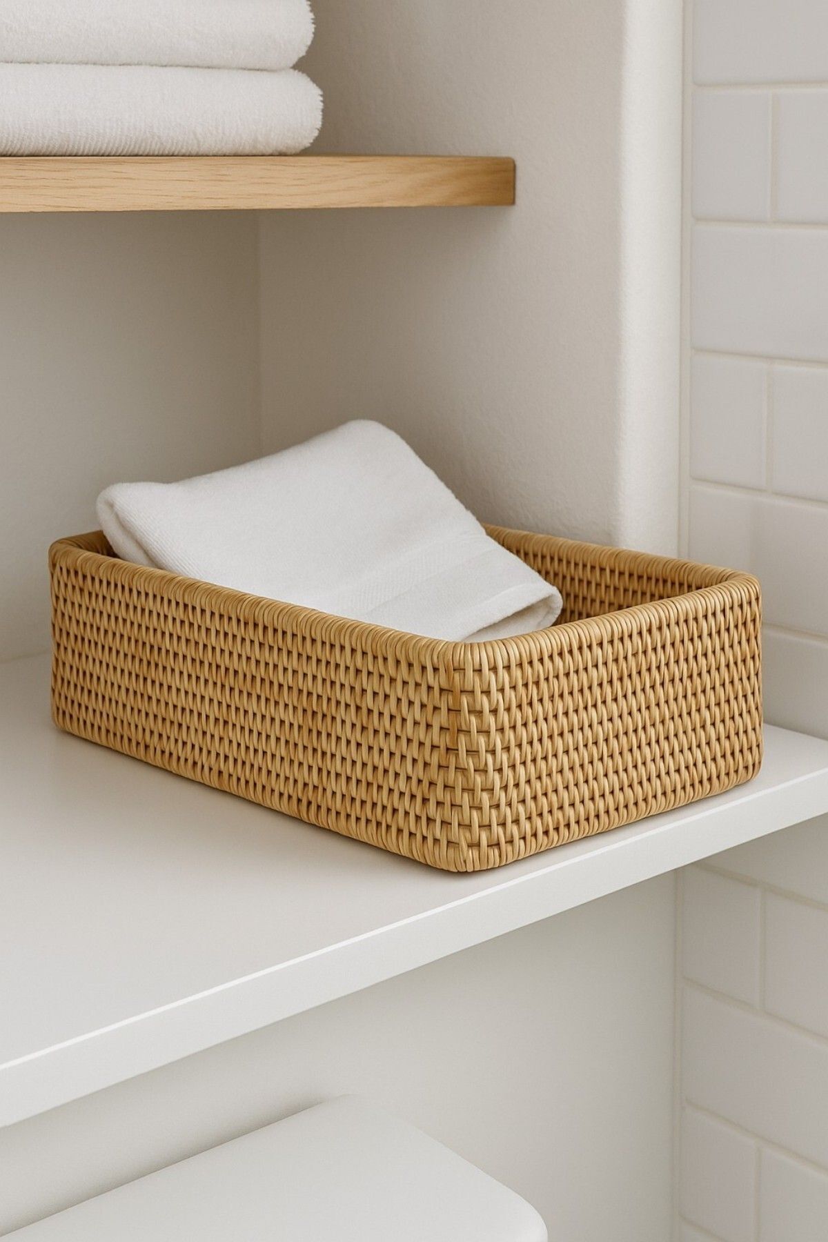 teknotrust Doğal Rattan Dikdörtgen Saklama Kutusu, El Yapımı Organizer, Çok Amaçlı Düzenleyici Sepet, 37 cm