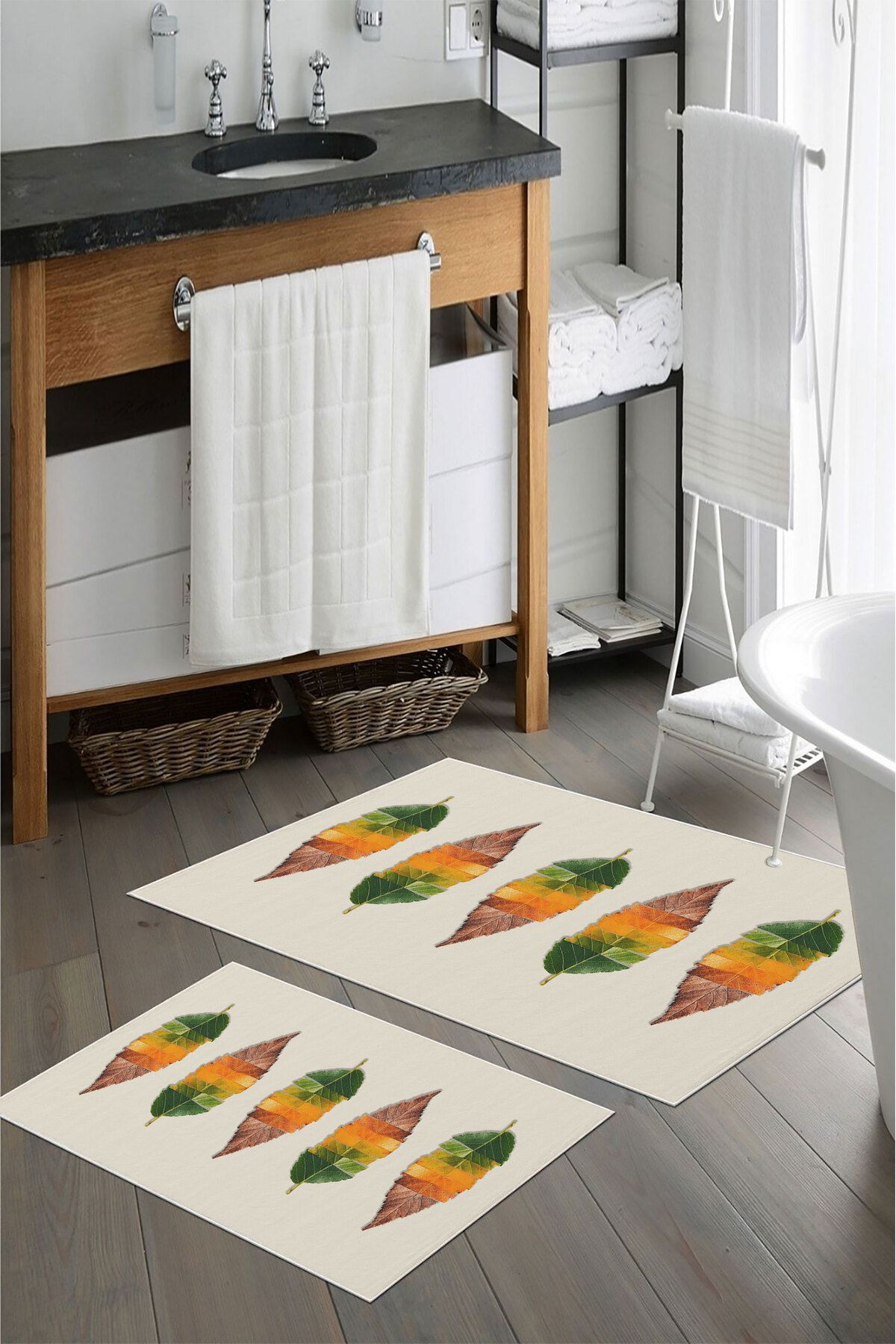 nova century Kaymaz Taban Yıkanabilir 2’li Banyo Paspası - Nova Bath Desenli 60*100 Cm - 50*60 Cm