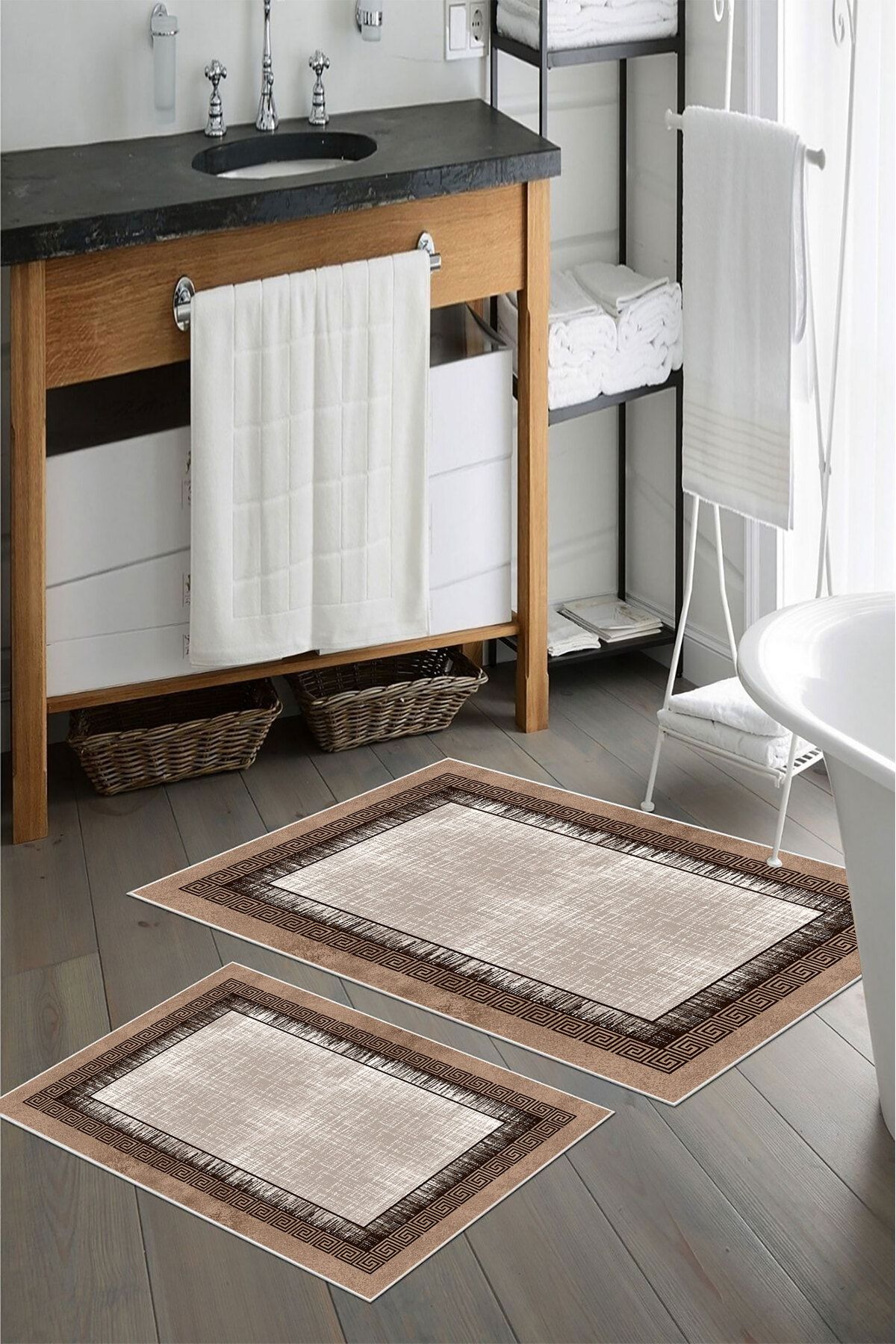 nova century Kaymaz Taban Yıkanabilir 2’li Banyo Paspası - Nova Bath Desenli 60*100 Cm - 50*60 Cm