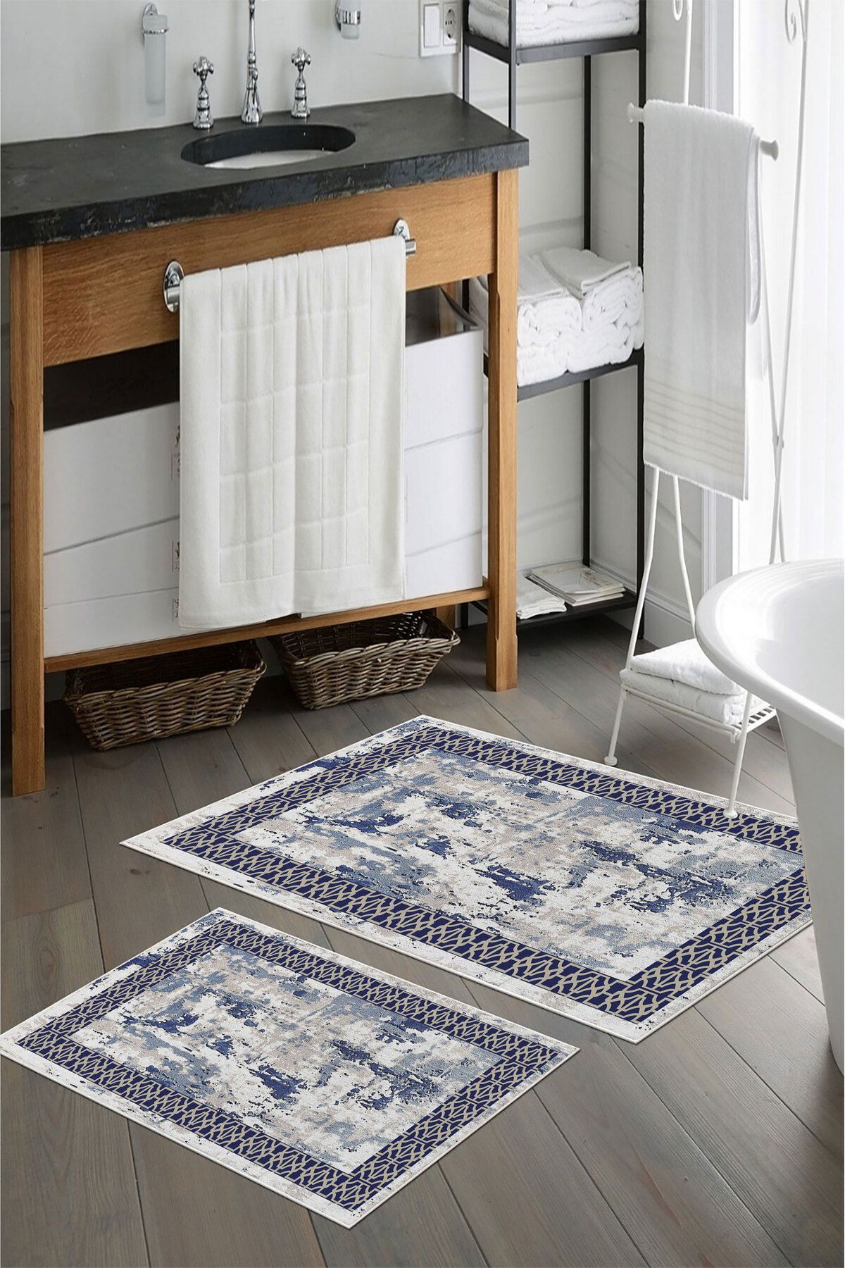 nova century Kaymaz Taban Yıkanabilir 2’li Banyo Paspası - Nova Bath Desenli 60*100 Cm - 50*60 Cm