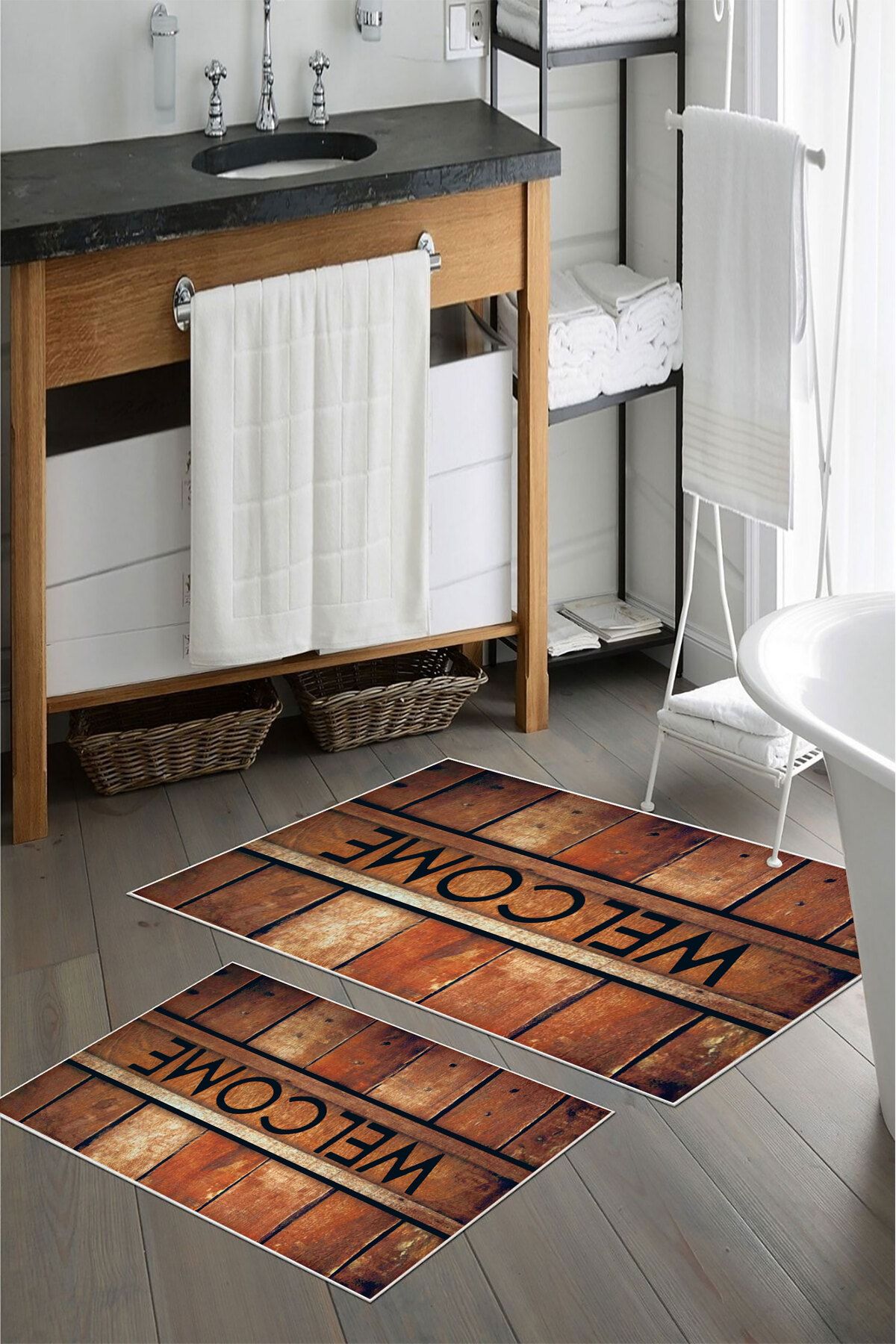 nova century Kaymaz Taban Yıkanabilir 2’li Banyo Paspası - Nova Bath Desenli 60*100 Cm - 50*60 Cm