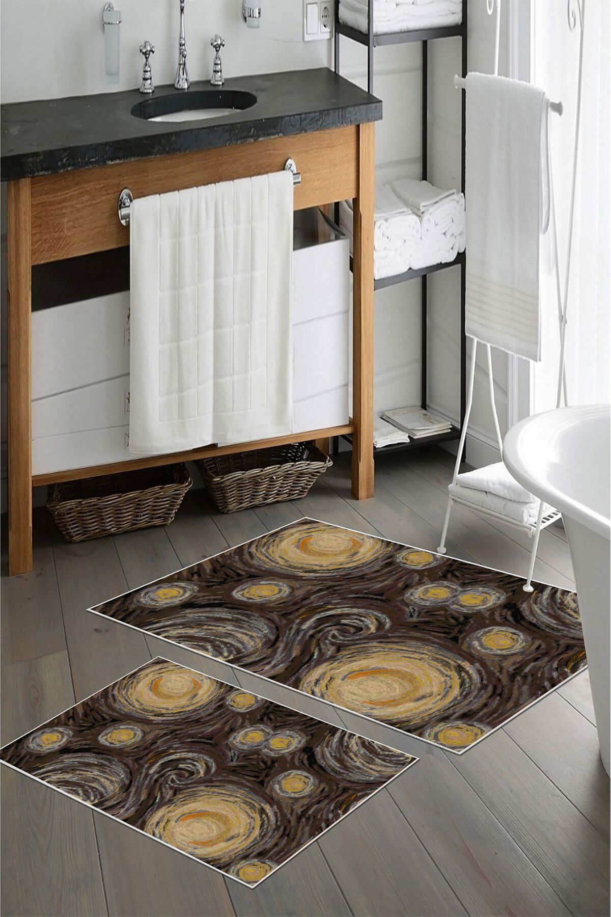 nova century Kaymaz Taban Yıkanabilir 2’li Banyo Paspası - Nova Bath Desenli 60*100 Cm - 50*60 Cm