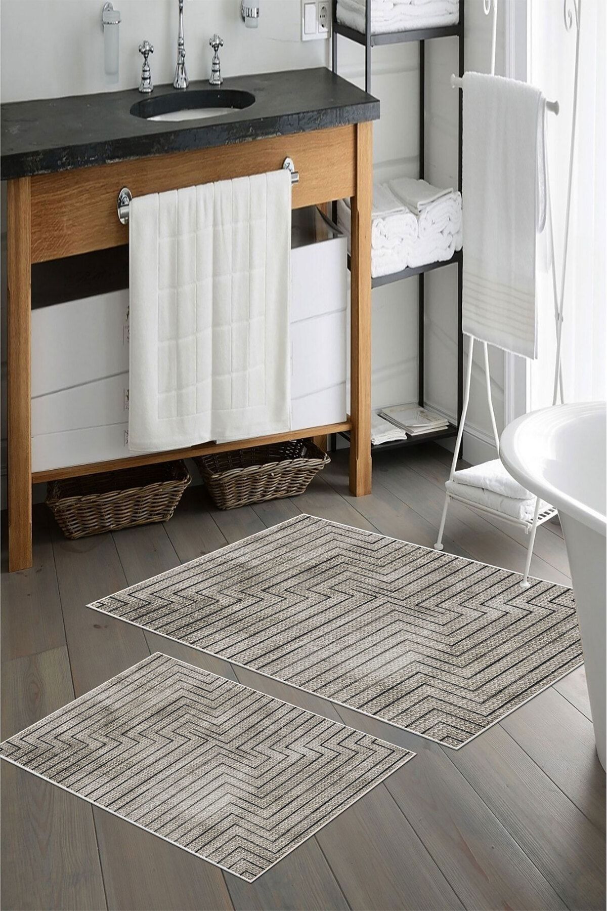 nova century Kaymaz Taban Yıkanabilir 2’li Banyo Paspası - Nova Bath Desenli 60*100 Cm - 50*60 Cm