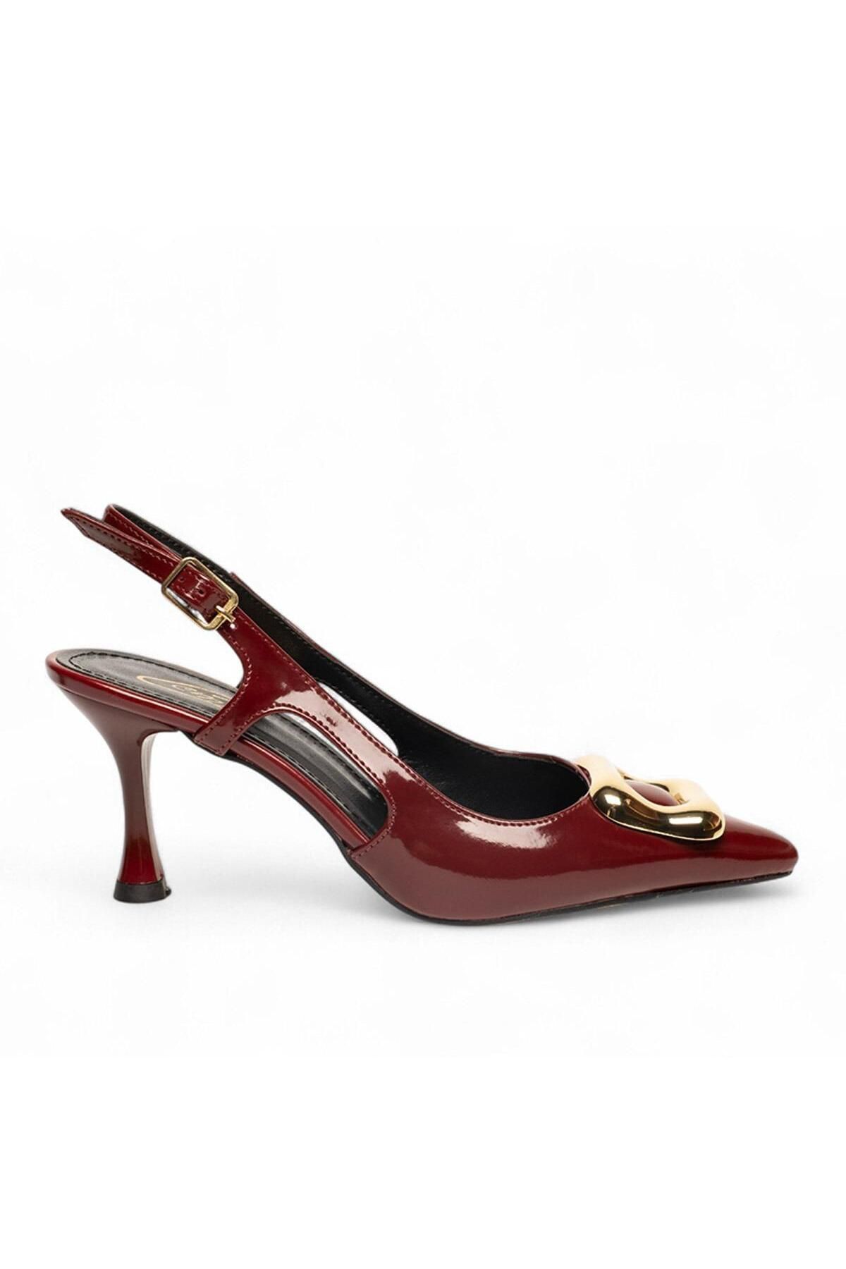 ELAIA SHOES Elysia Kadın Bordo Rugan Tokalı İnce Topuklu Arka Açık Ayakkabı