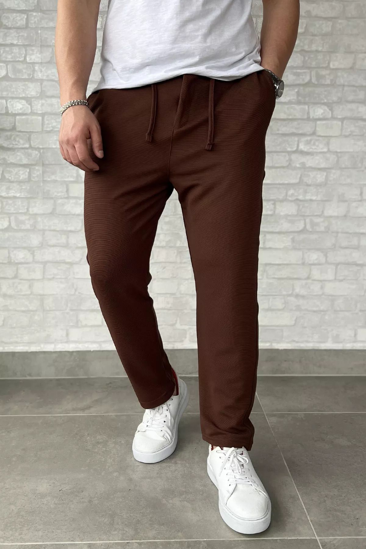MİSHAR İTALİA Kahve Bel Bağcıklı Düz Paça Erkek Jogger Pantolon
