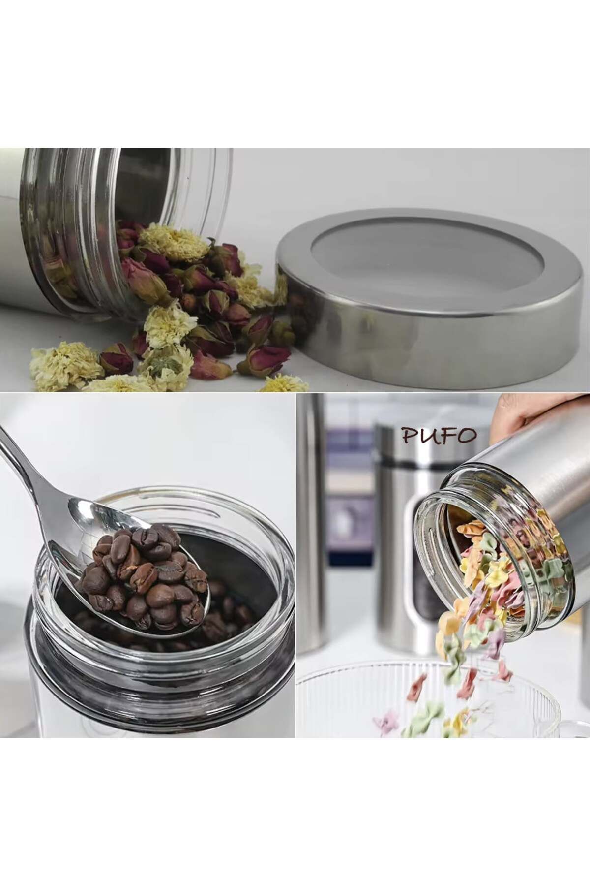 PUFO-Recipient metalic Keys pentru zahăr, cafea, ceai sau condimente, cu capac, 1,8 l, transparent/argintiu 4