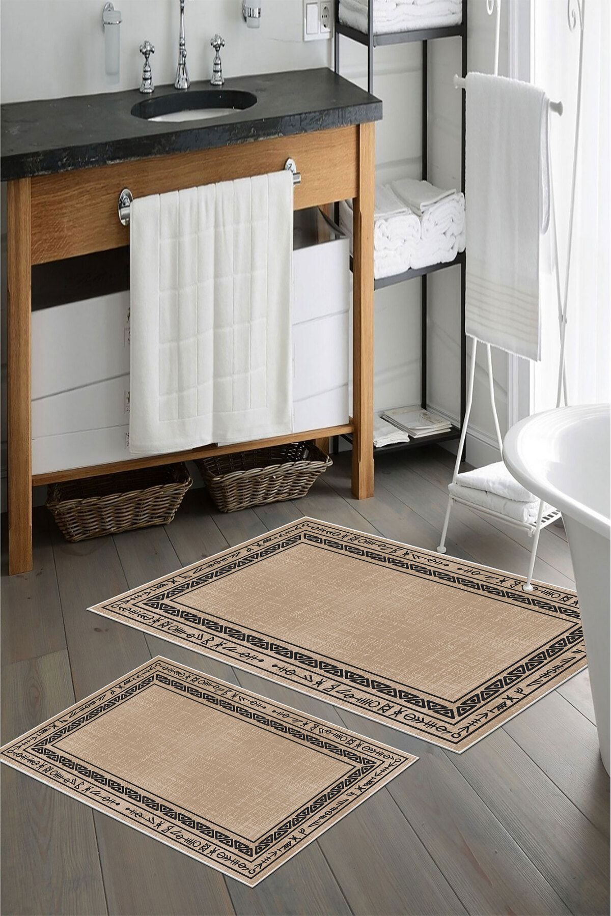 nova century Kaymaz Taban Yıkanabilir 2’li Banyo Paspası - Nova Bath Desenli 60*100 Cm - 50*60 Cm