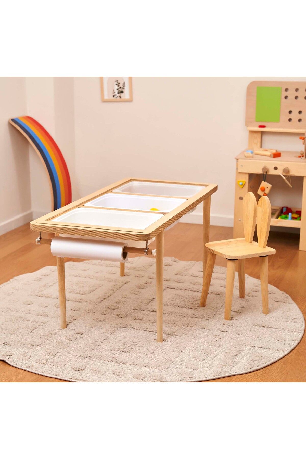 Monti Mania Montessori Huş Çocuk Aktivite Masası 3 Sepet Beyaz/kara Tahtalı Rulo Kişiselleştirilebilir 2-6 Yaş