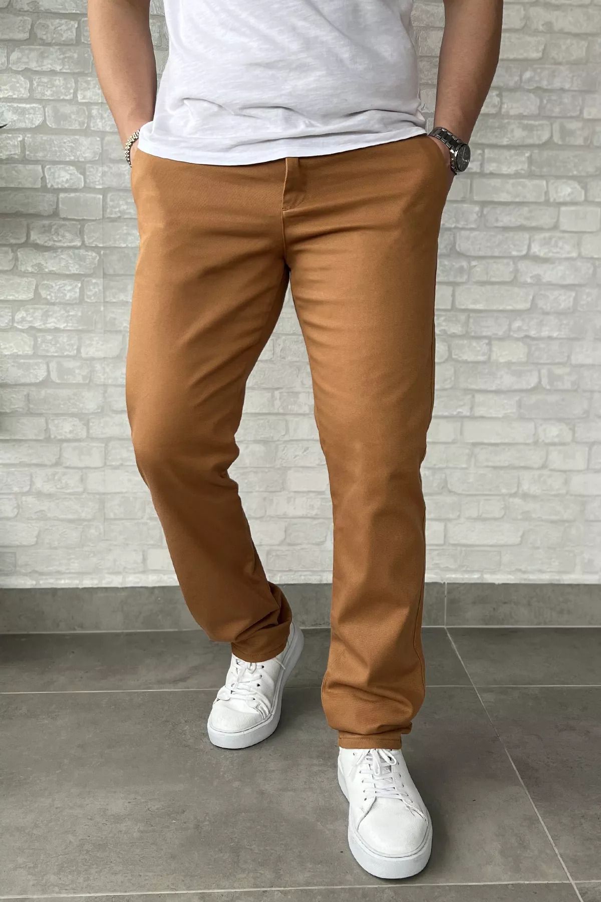 MİSHAR İTALİA Camel Büyük Beden Gabardin Erkek Pantolon