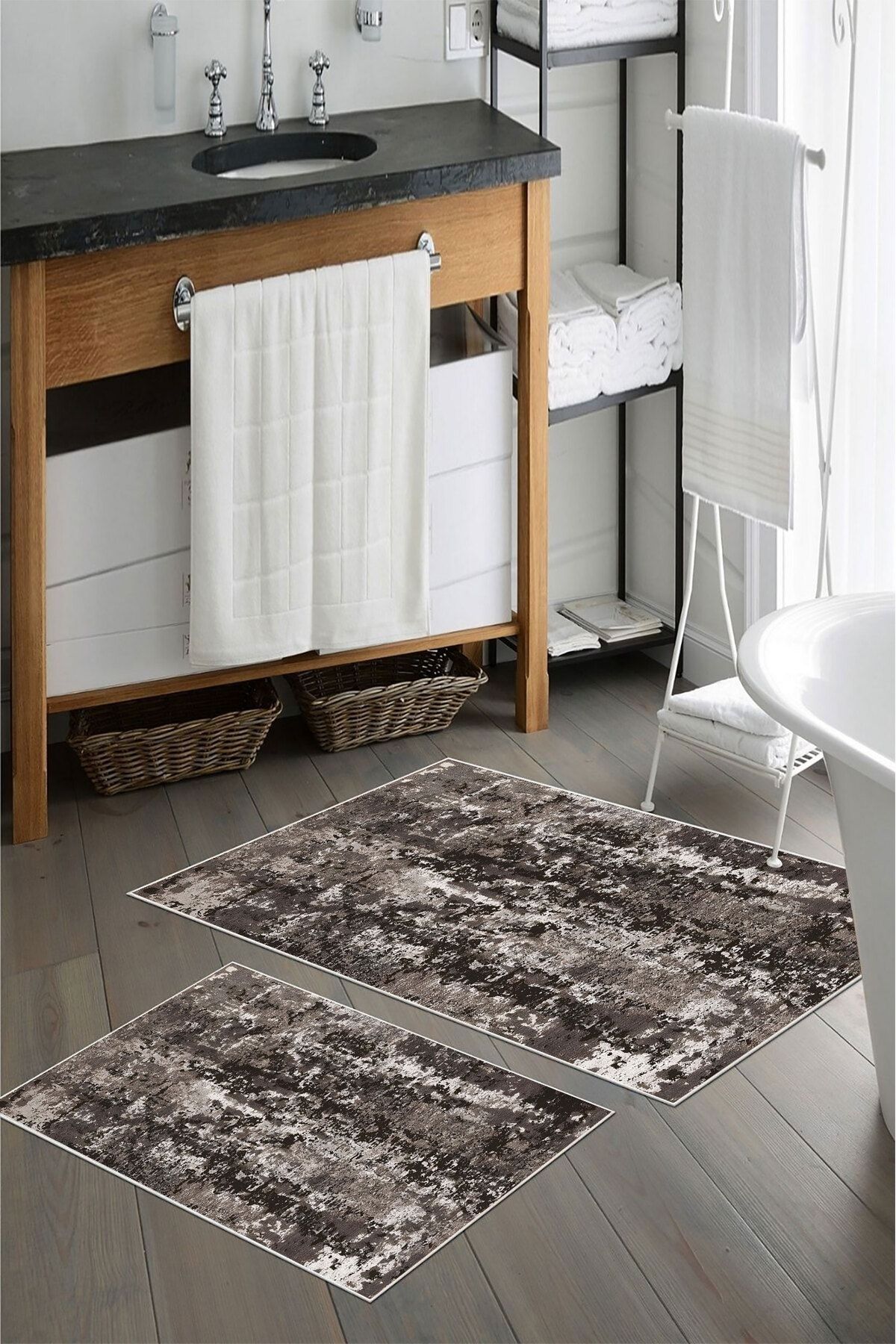 nova century Kaymaz Taban Yıkanabilir 2’li Banyo Paspası - Nova Bath Desenli 60*100 Cm - 50*60 Cm