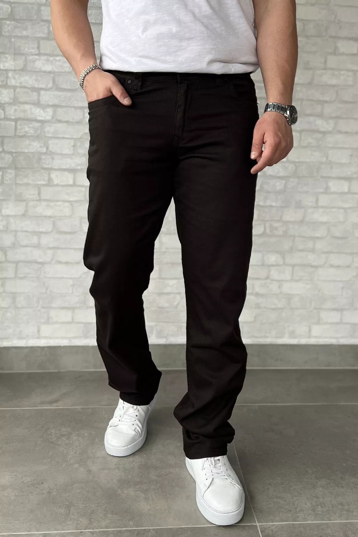 MİSHAR İTALİA Kahve Erkek Büyük Beden Gabardin Pantolon