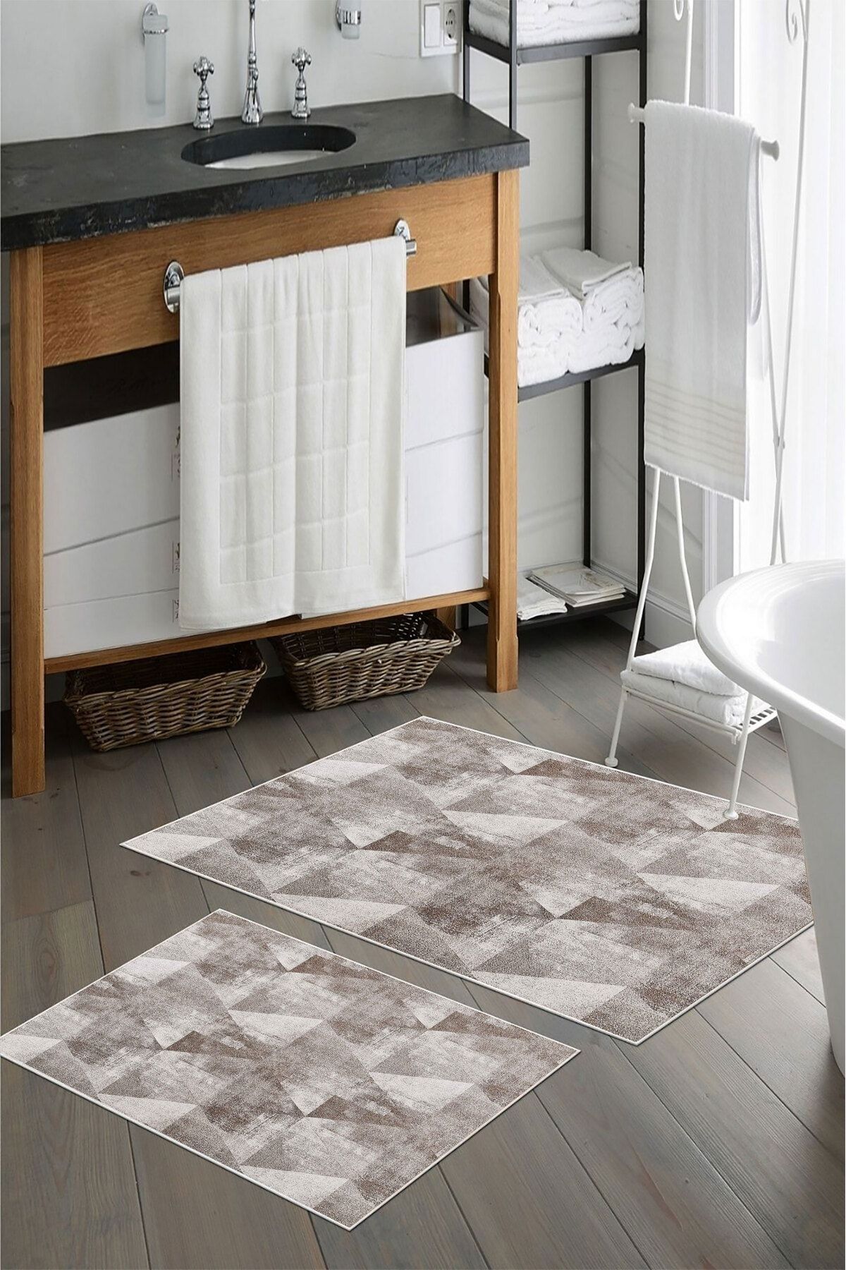 nova century Kaymaz Taban Yıkanabilir 2’li Banyo Paspası - Nova Bath Desenli 60*100 Cm - 50*60 Cm