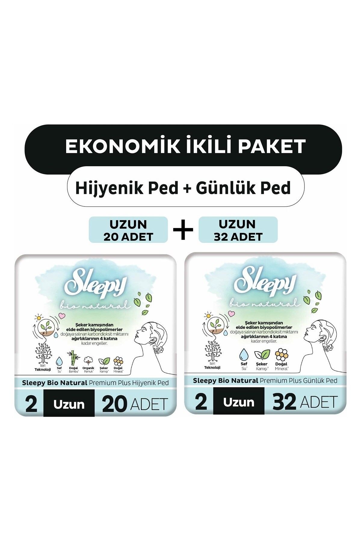 Sleepy Bio Natural Premium Plus Hijyenik Ped Uzun 20'li + Günlük Ped Uzun 32'li