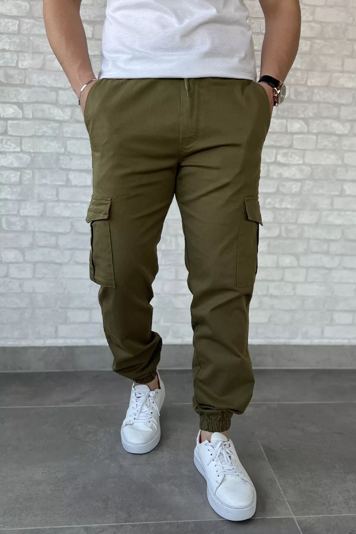 MİSHAR İTALİA Haki Bel Ve Paça Lastikli Kargo Cep Gabardin Erkek Pantolon