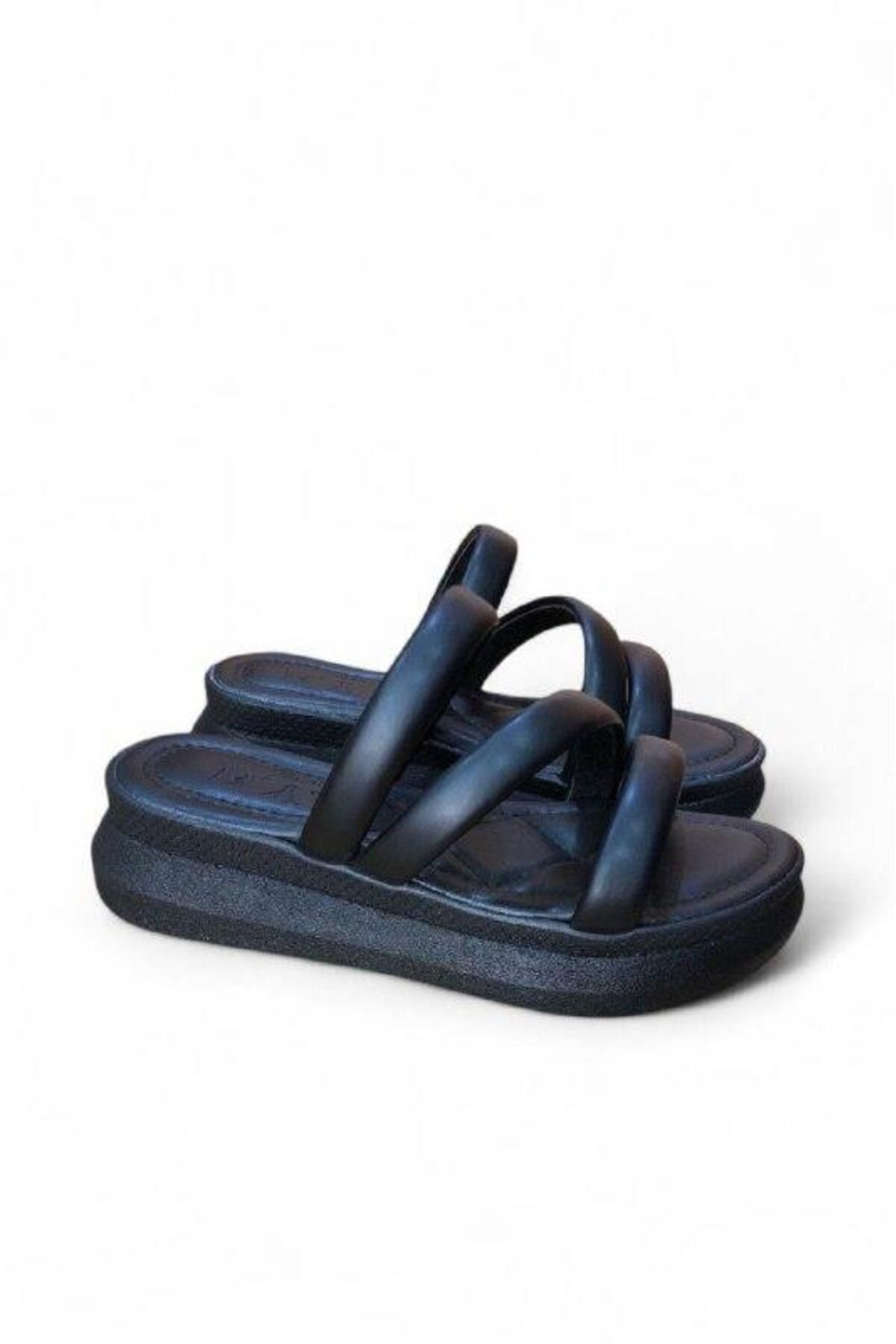 CihanShoes Garantili Ortopedik Günlük Rahat Düz Taban Şık Kadın Terlik 36-37-38-39-40 Numara Siyah