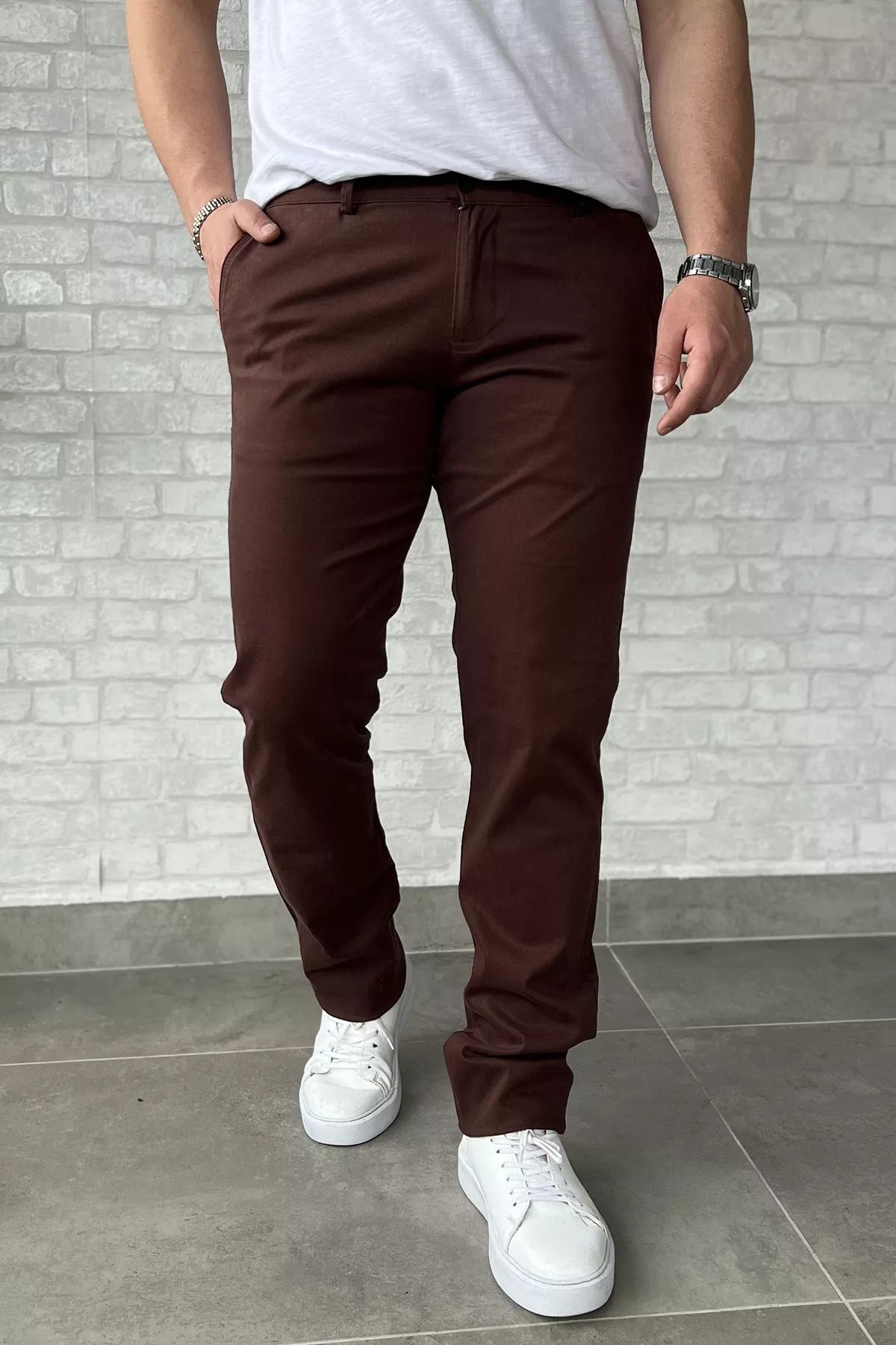 MİSHAR İTALİA Kahve Büyük Beden Gabardin Erkek Pantolon