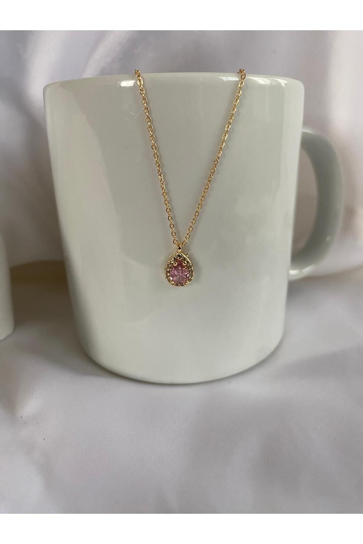 KANERUZ Gold Renk Pembe Taş Damla Model Zirkon Kolye