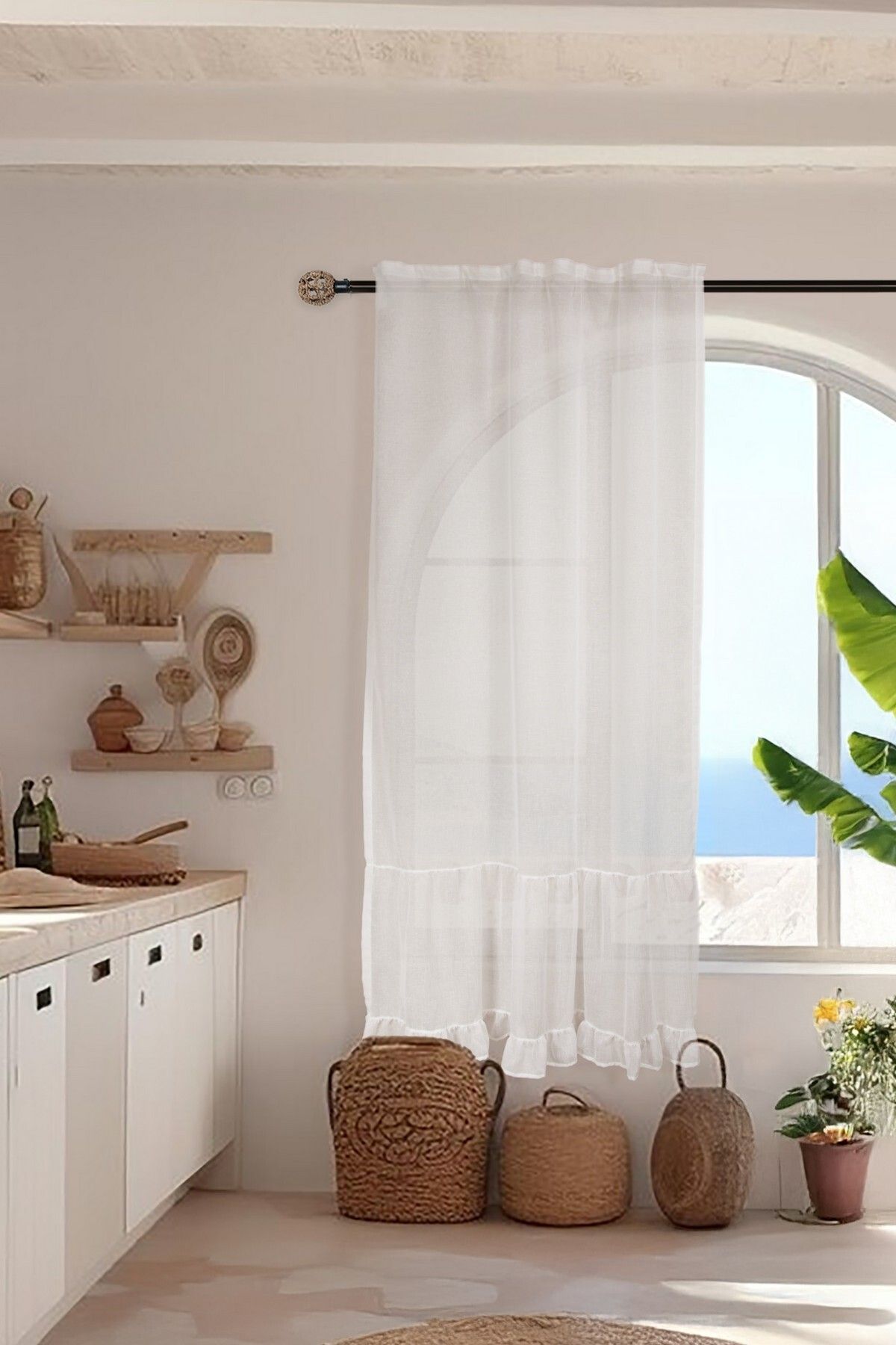 cotton maison Fırfırlı Keten Tül Perde Tek Kanat Vintage Korniş ve Rustik Uyumlu