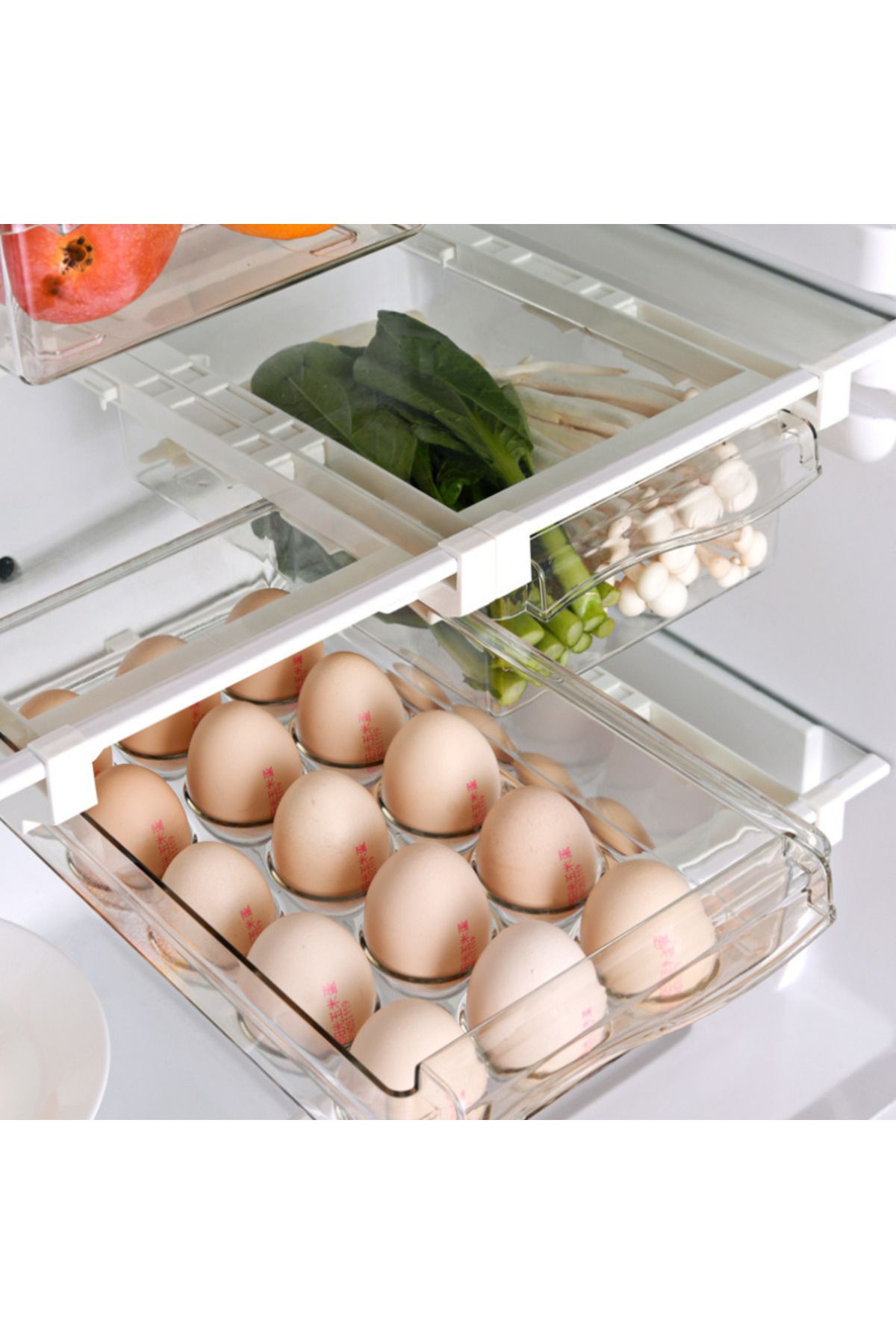 Viyogo-Set of 2 boxes for storing vegetables and 15 eggs with support, attaches to the refrigerator shelf 3