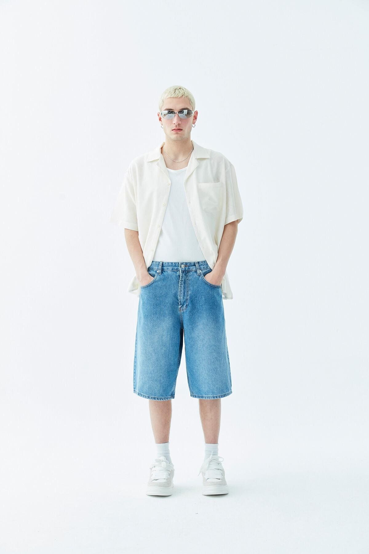 VAMOSCLO Oversize Bermuda Denim Şort Mavı Renk-3