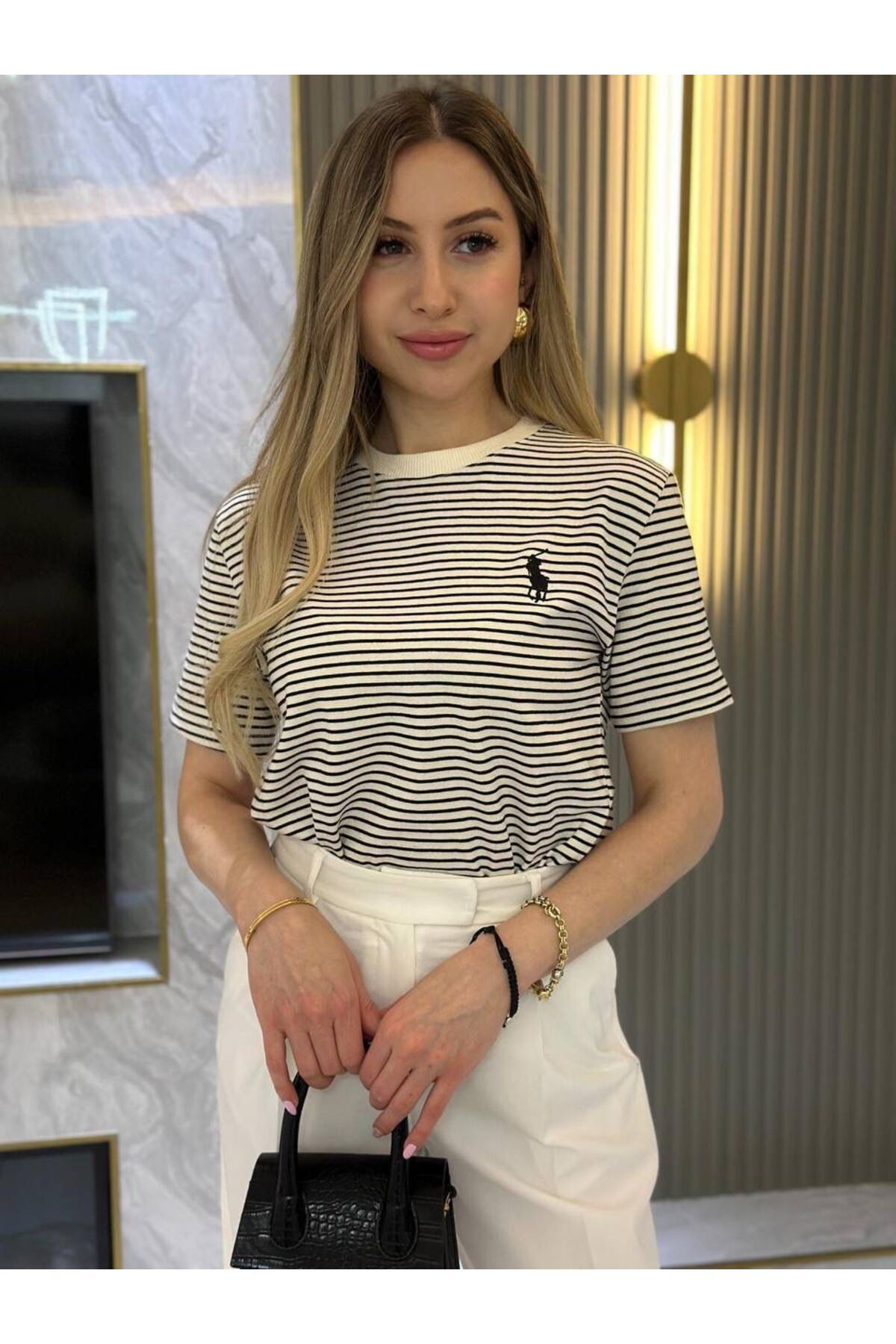 MODA Polo Siyah Çizgili İnterlok Kumaş Tshirt Ralp Laren