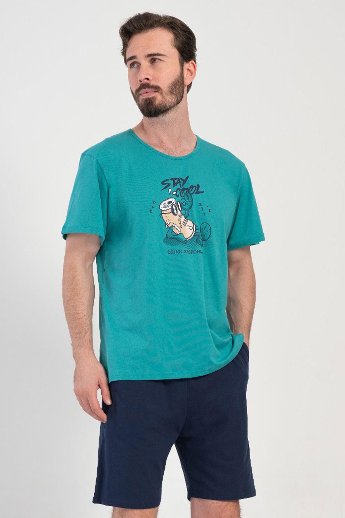 VİENETTA Erkek Büyük Beden Kısa Kol Yeşil Şortlu Pijama Takım C9T7N1O904