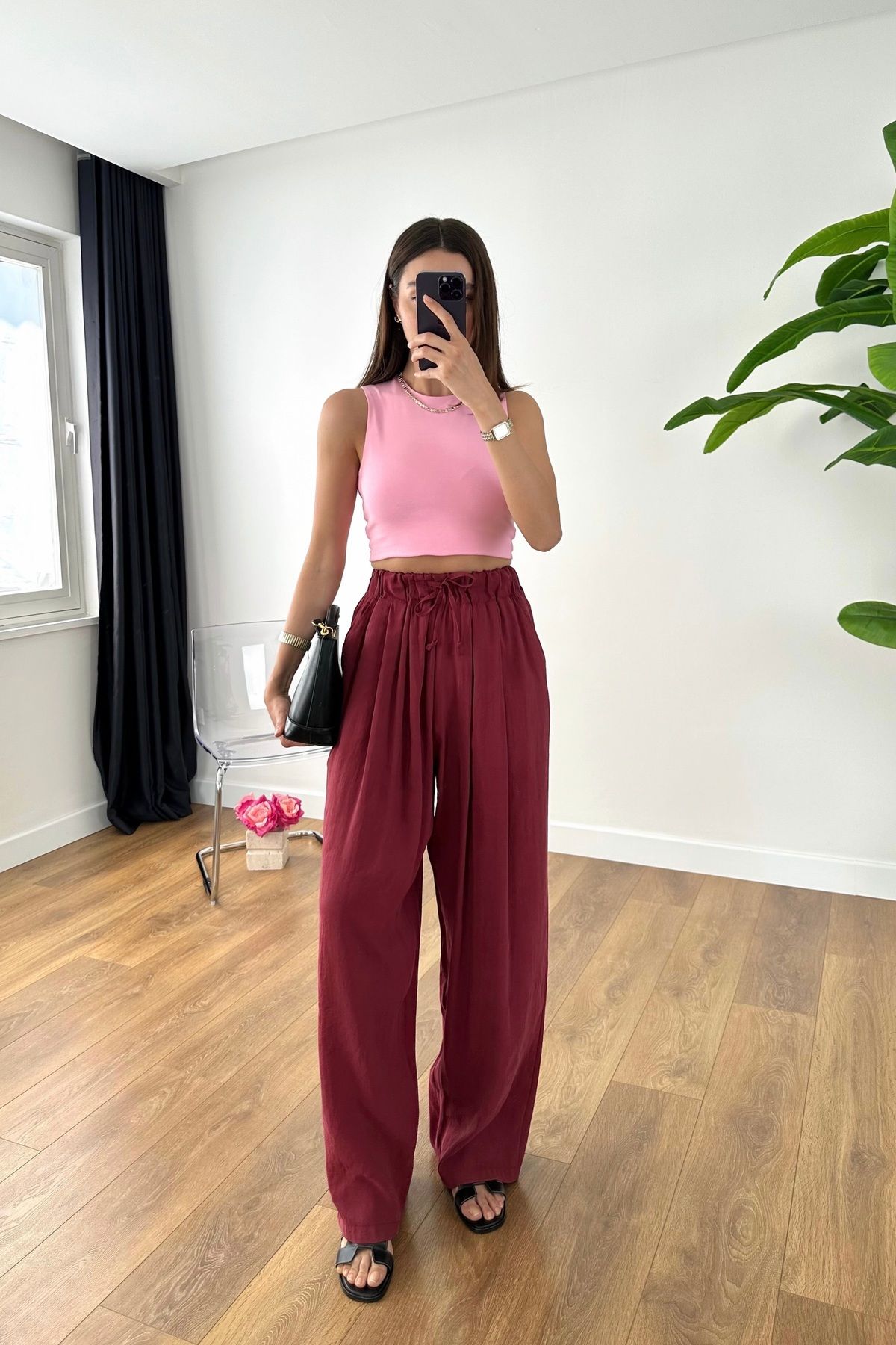 BİRCANÇİL Menka Bordo Premium Beli Lastikli Pantolon