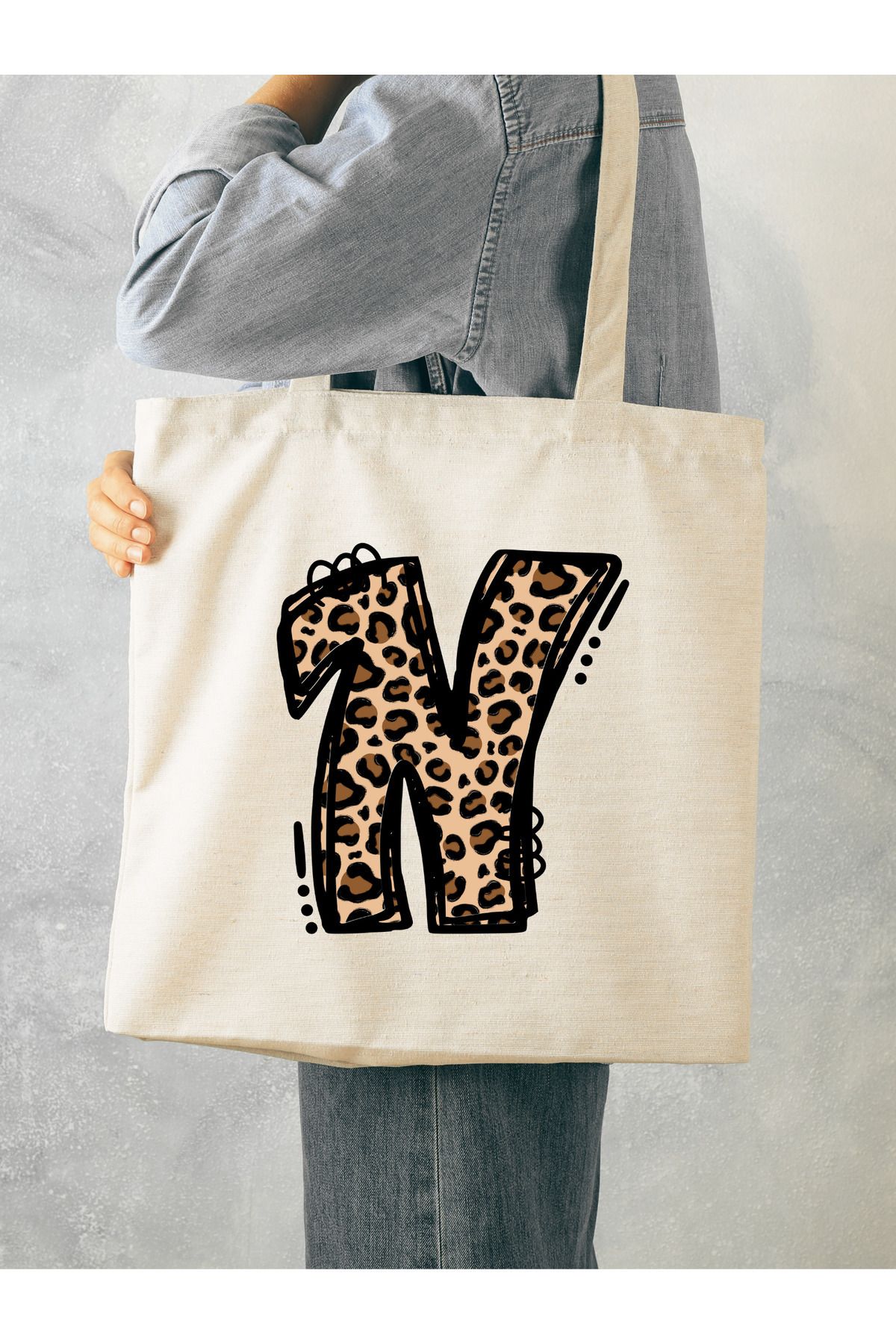 BİBANAPROMOSYON Leopar N Harf Desenli, Y2 Pinterest Retro Bez Çanta Tote Bag, Hediye Çanta