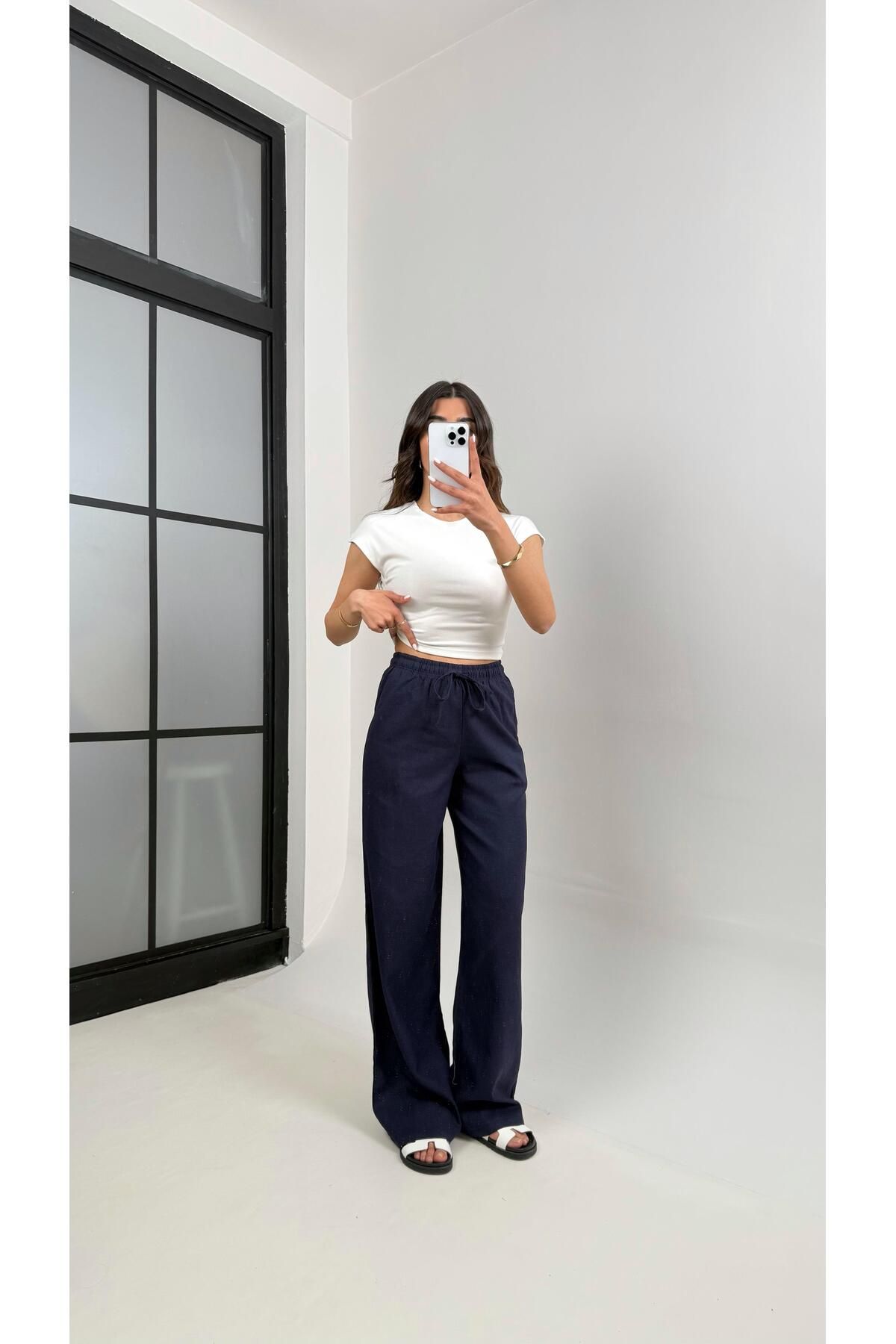 Gaus Lacivert Beli Lastikli Muadil Keten Pantolon Gaus00346