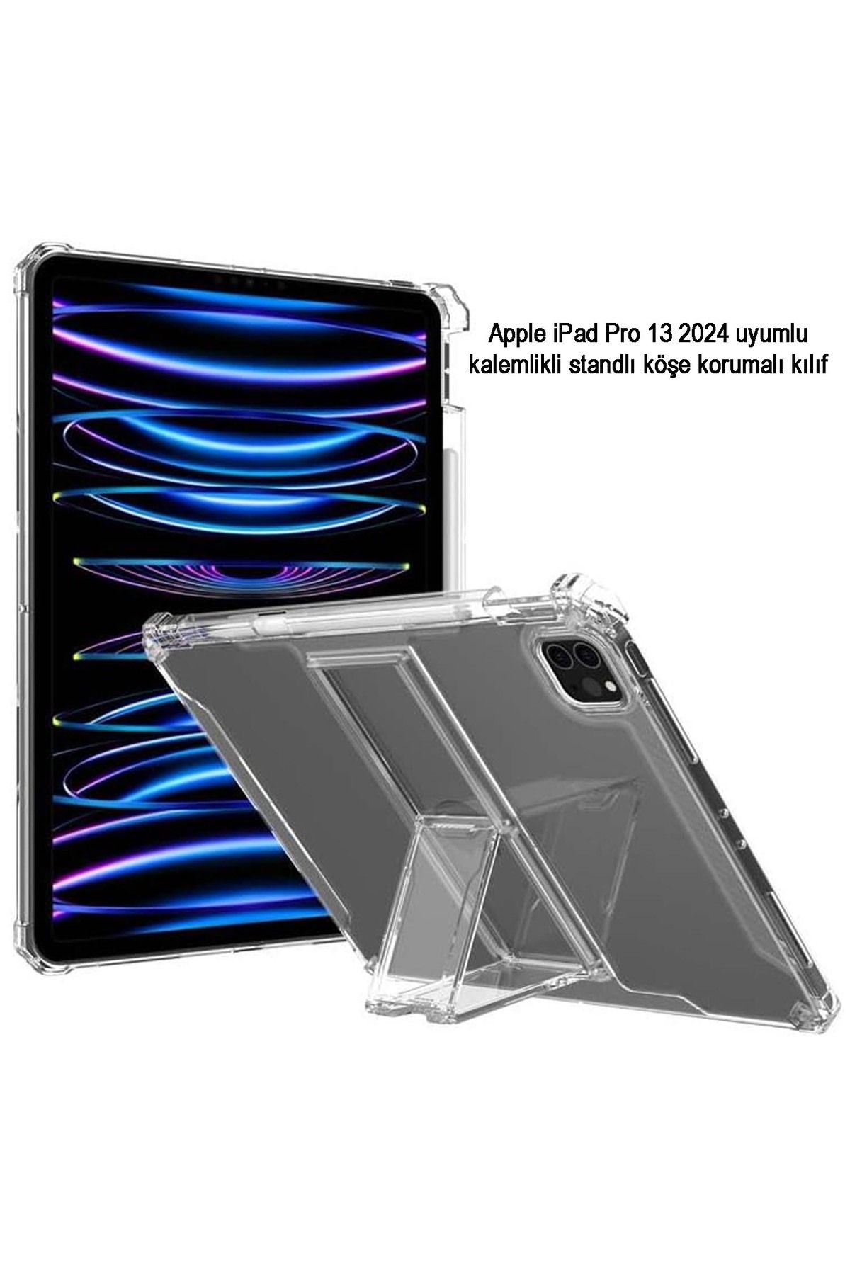 UKSCASE iPad Pro 13 2024 Uyumlu Kalemlik Bölmeli / Standlı / Airbag Köşe Korumalı Şeffaf Kılıf