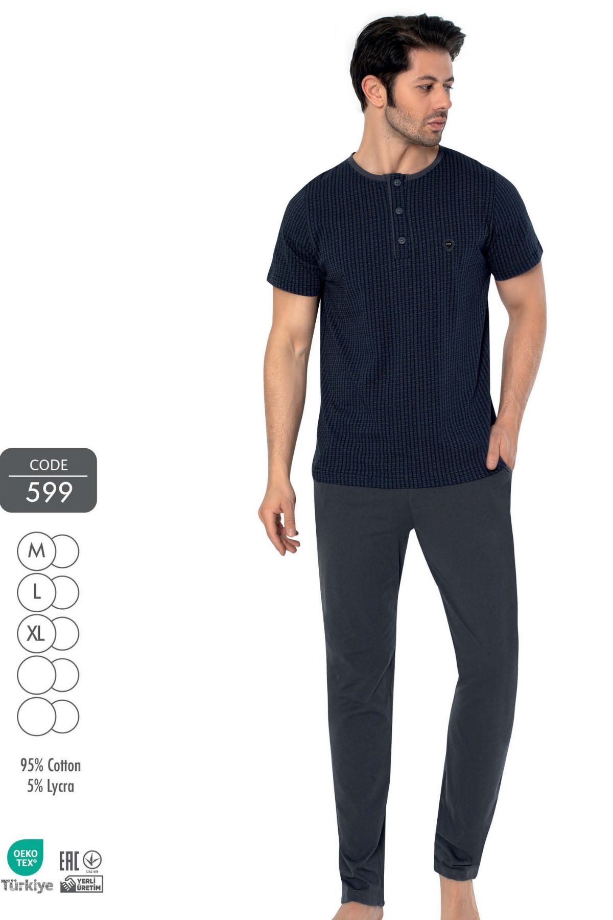 Cotpark Erkek Pamuklu Likralı Kısa Kollu Basıc Tişört Pantolon Pijama Takımı 599