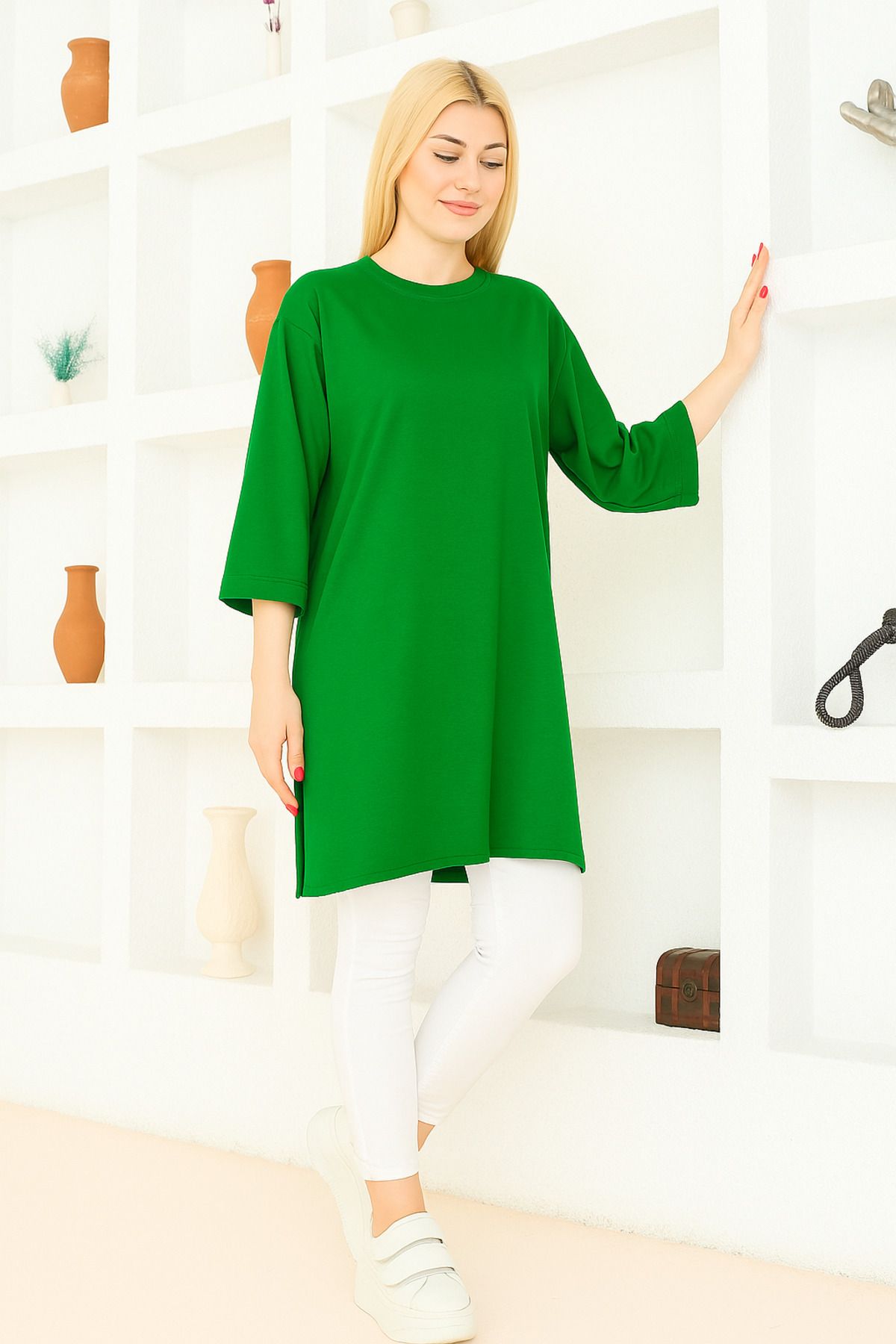 FATELLA Kadın Yeşil Oversize Tunik Tişört Yarım Kollu Yuvarlak Yaka, Rahat Kesim