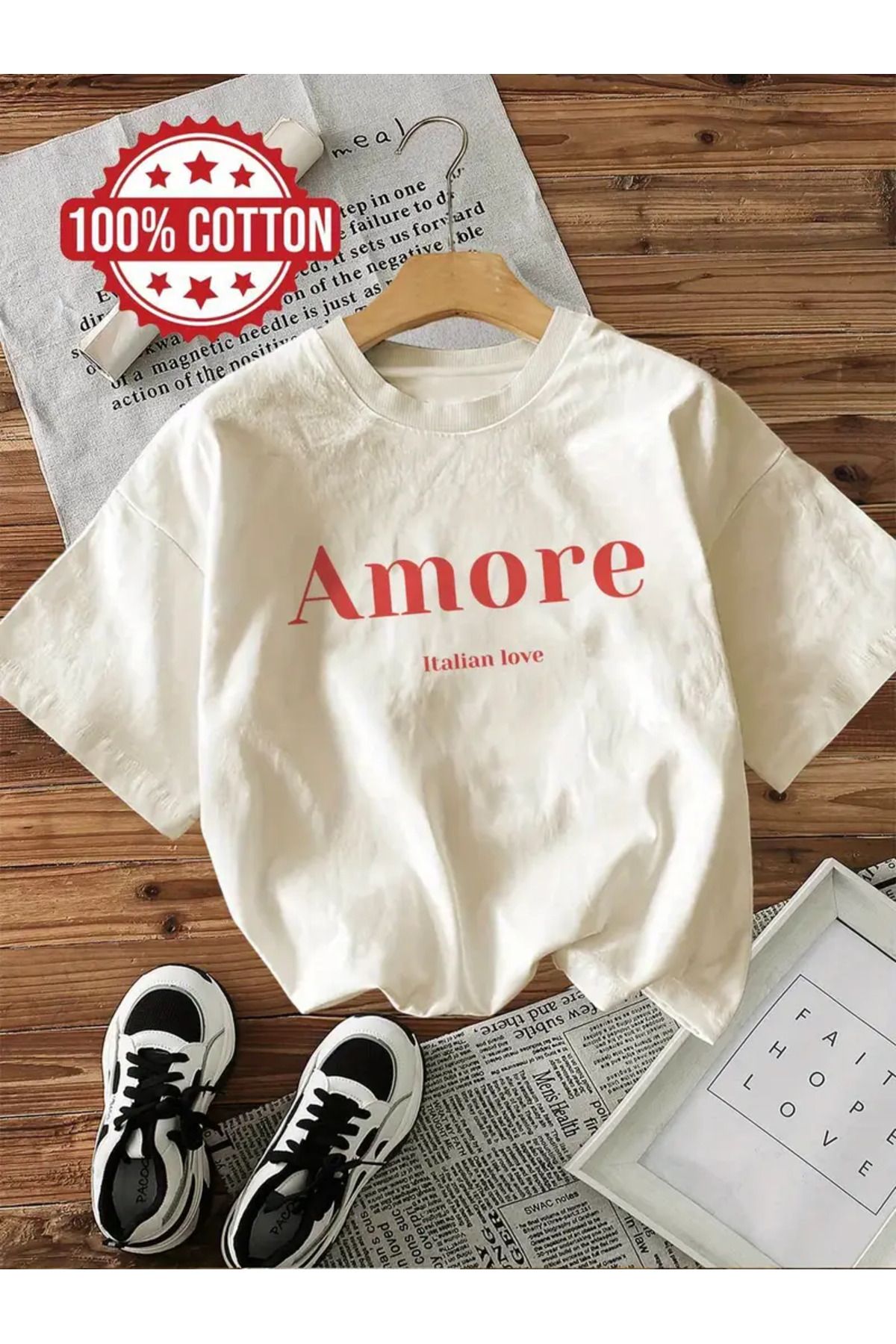 AEMİ Unisex Amore Baskılı %100 Pamuk Oversize T-shirt