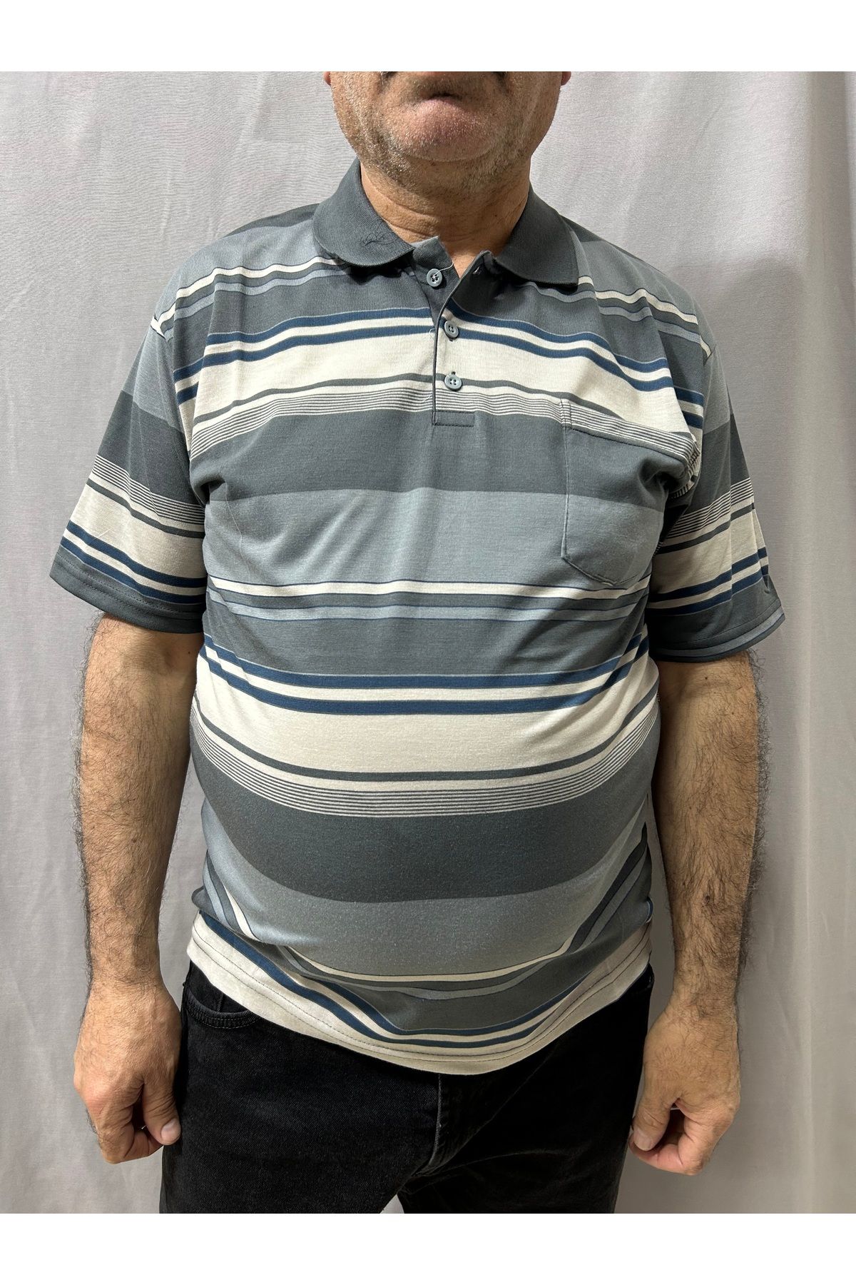 ECALAMODE Yetişkin Erkek Çizgili Polo Yaka Penye Tişört – Baba Tişörtü – Yazlık Rahat Kesim