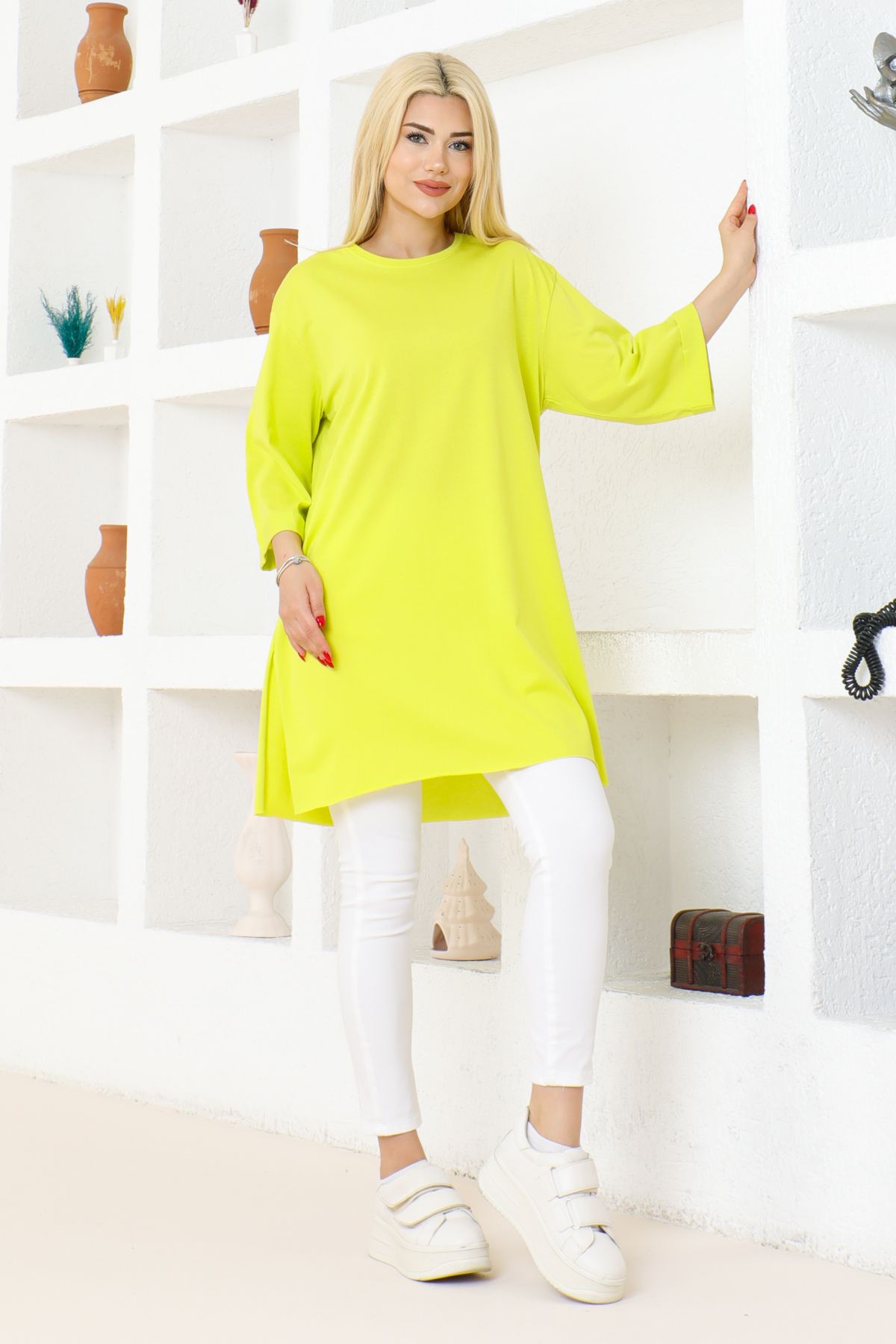 FATELLA Kadın Sarı Oversize Tunik Tişört Yarım Kollu Yuvarlak Yaka, Rahat Kesim