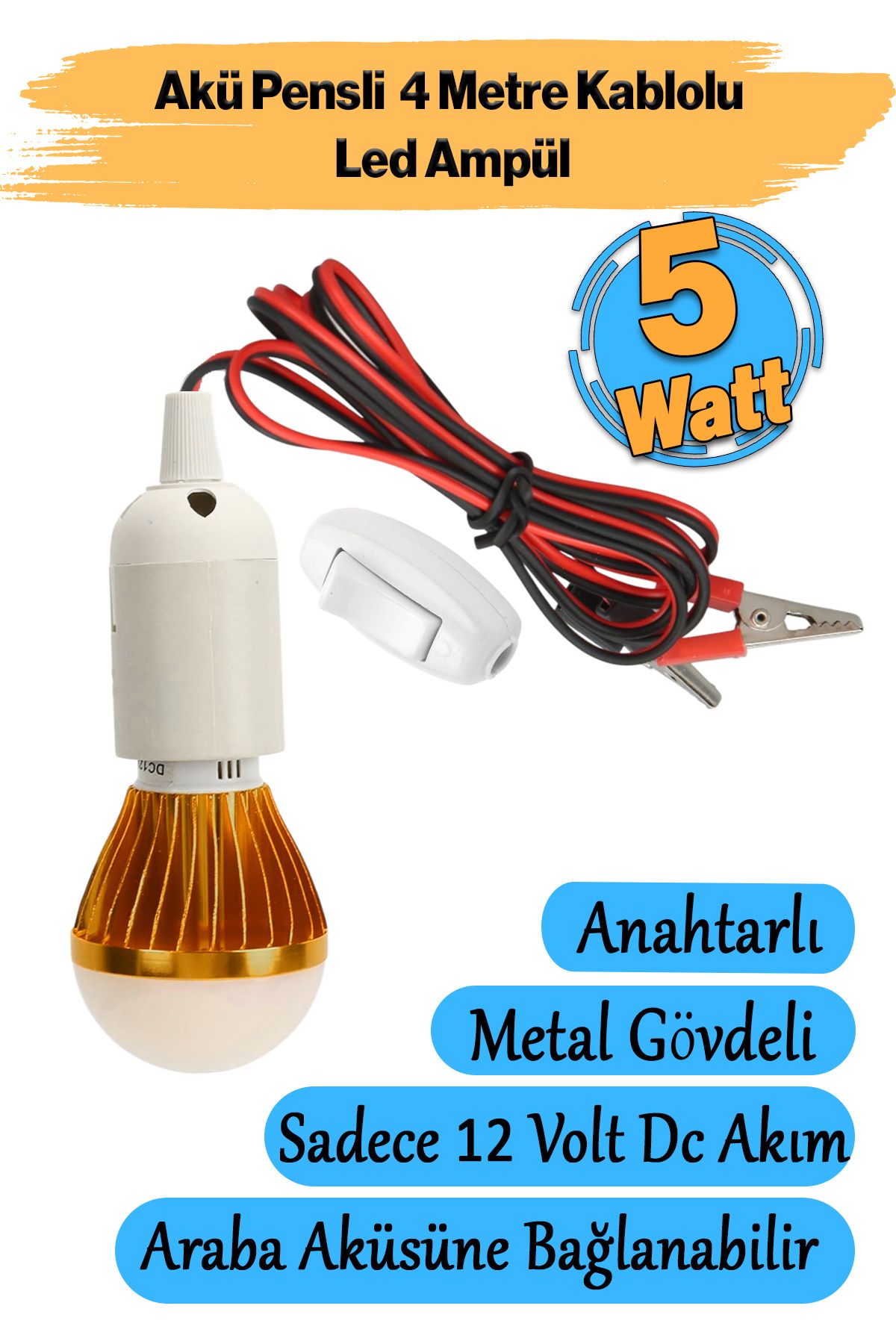 Badem10 Akü Pensli 4 Metre Kablolu 12 V Tasarruflu Seyyar Led Ampul 5W Lamba Anahtarlı Aydınlatma Beyaz Işık
