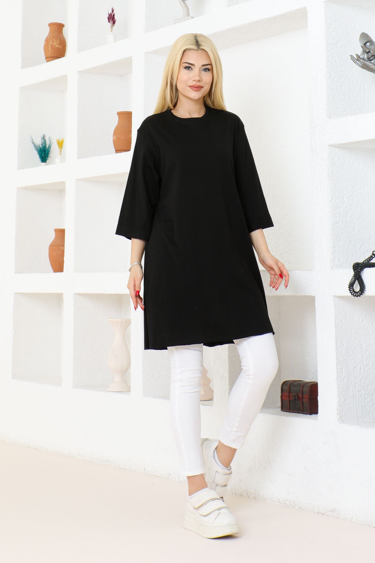 FATELLA Kadın Siyah Oversize Tunik Tişört Yarım Kollu Yuvarlak Yaka, Rahat Kesim