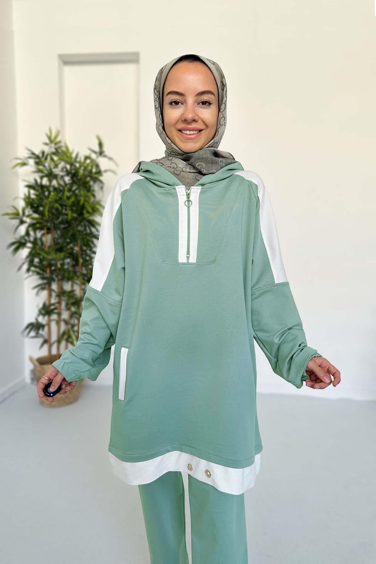 Ka Hijab Kapüşon Detay İki İplik Takım - Yeşil