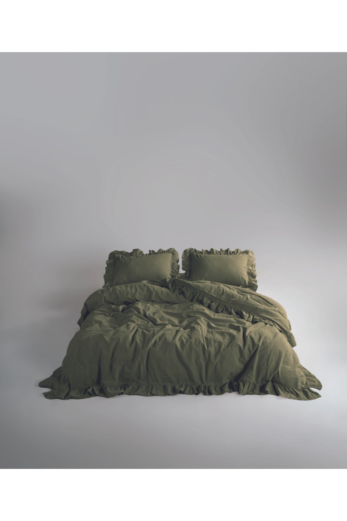 LİMASSO Stonewash 100% Yıkanmış Fırfırlı Pamuk Exclusive Nevresim Takımı Capulet Olive