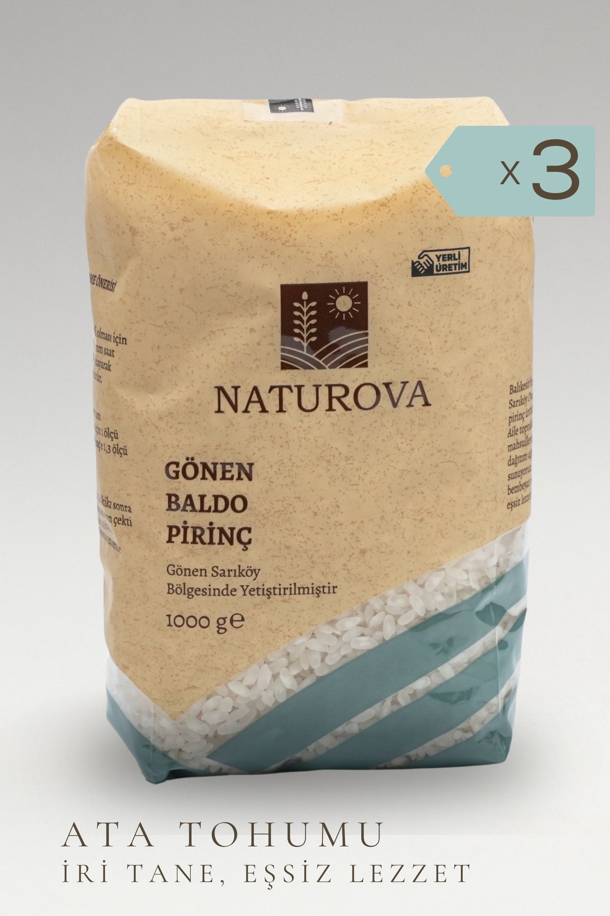 NATUROVA Gönen Baldo Pirinç 1 Kg X 3 Adet - Doğal Tarım, Yerli Tohum