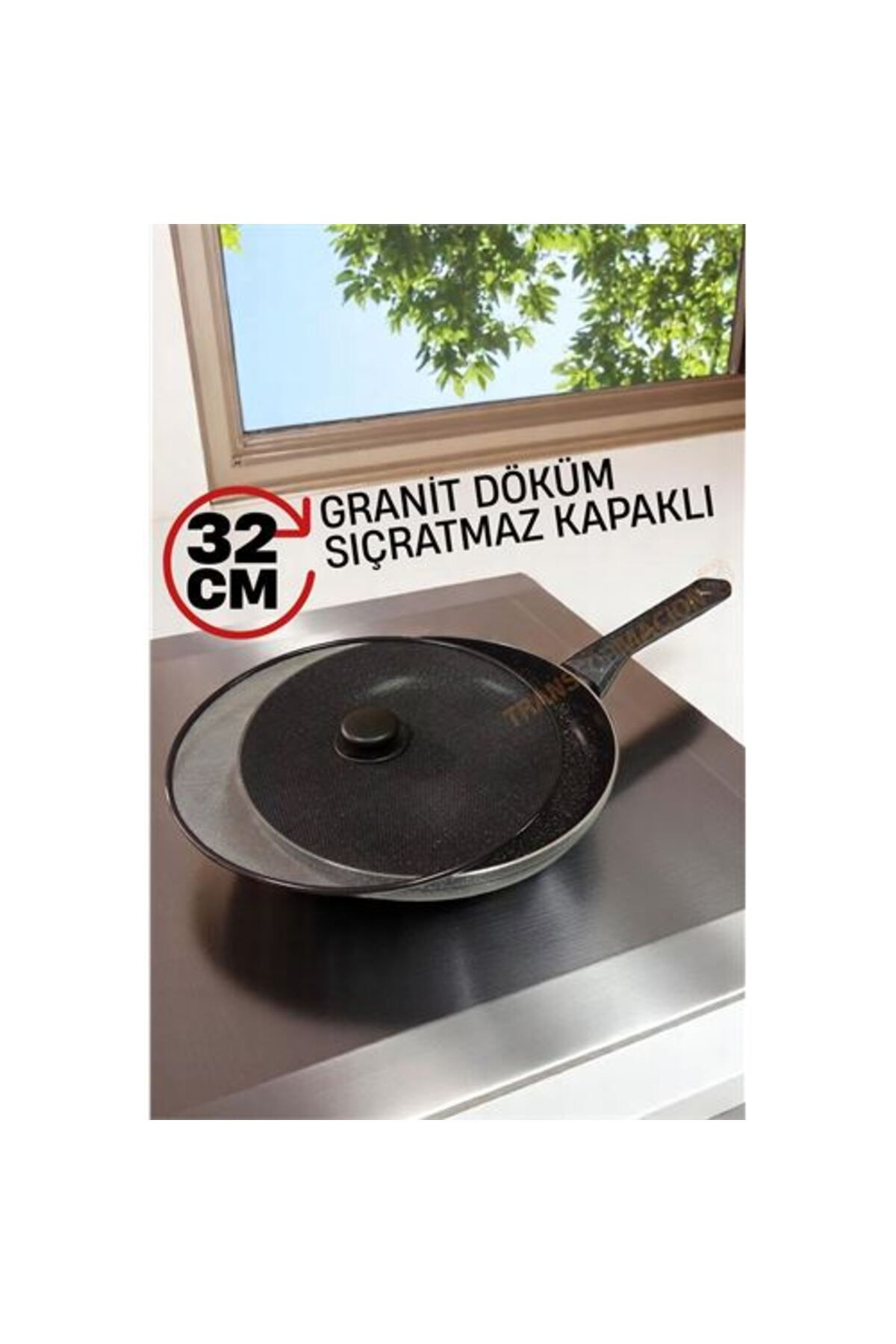 Findit Granit Döküm Tava Yağ Sıçratmaz Kapaklı -Yapışmaz Taban 32 Cm