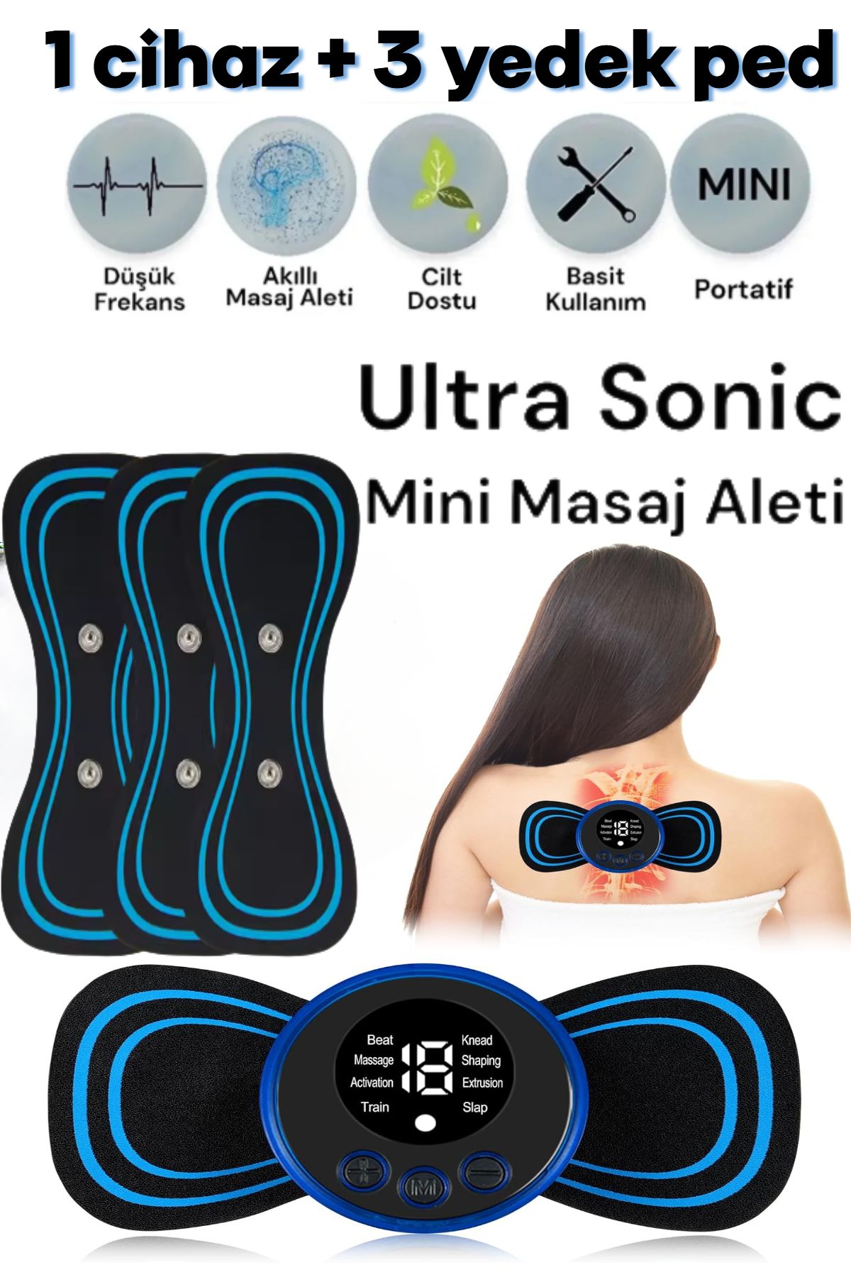 ESENLİWE Ultrasonıc Mini Masaj Aleti 1 Cihaz 3 Yedek Ped Özel Set