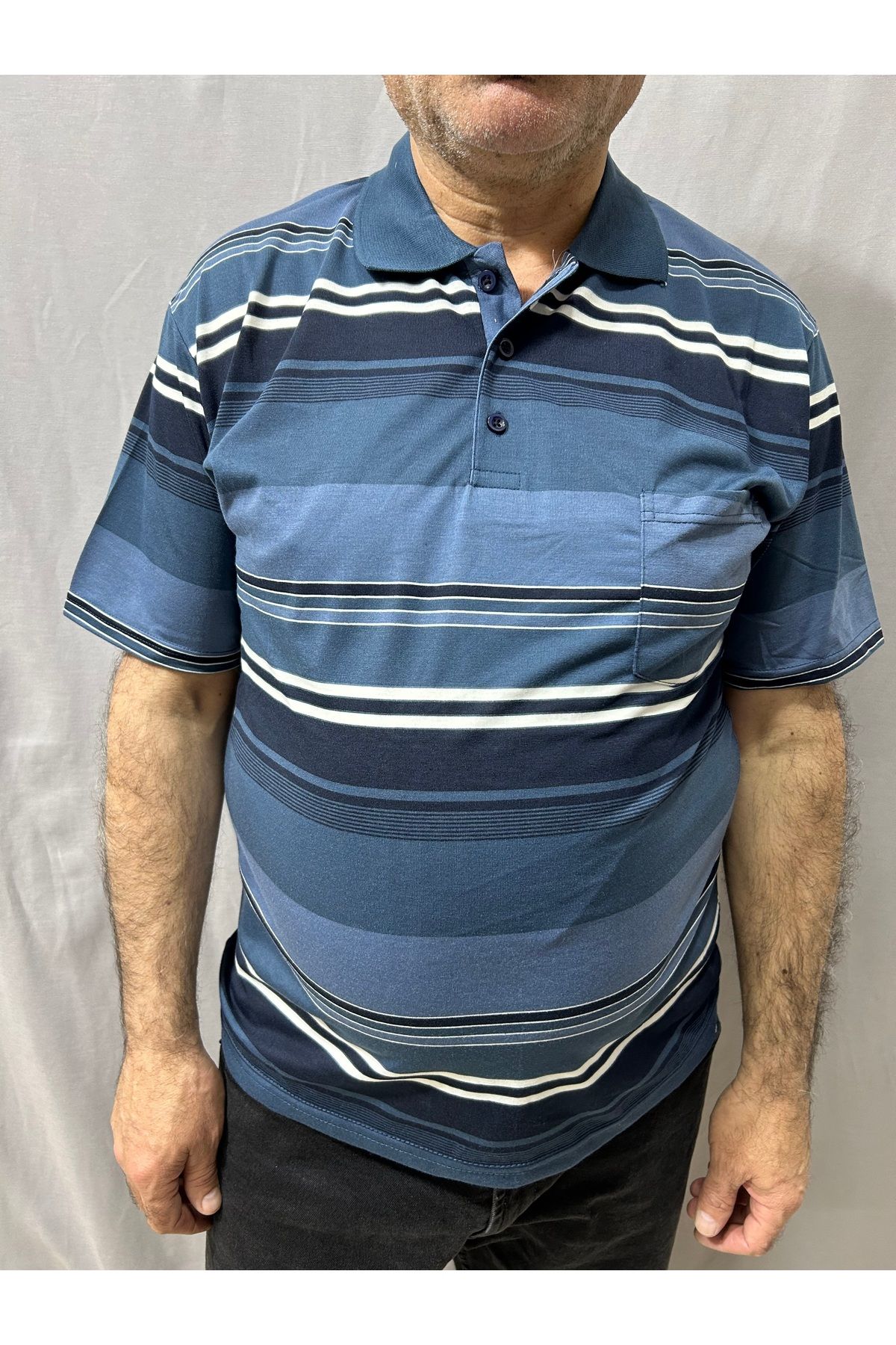 ECALAMODE Yetişkin Erkek Çizgili Polo Yaka Penye Tişört – Baba Tişörtü – Yazlık Rahat Kesim