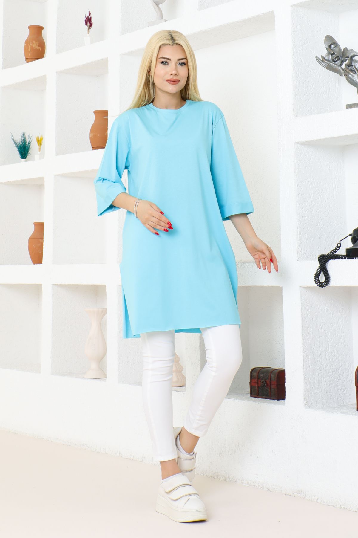 FATELLA Kadın Mavi Oversize Tunik Tişört Yarım Kollu Yuvarlak Yaka, Rahat Kesim